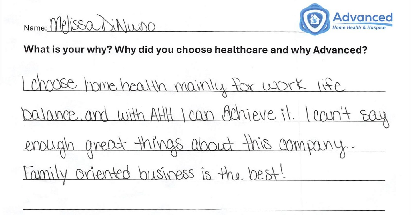 My Why Spotlight ⭐
Today, we're featuring Melissa and the reason behind her passion for caring for others.
My Why: "I choose home health mainly for work life balance, and with AHH I can achieve it. I can't say enough great things about this company. Family oriented business is the best!"
Thank you, Melissa, for making a difference every day. 💙
#MyWhy #AdvancingTogether #HomeHealth #Hospice