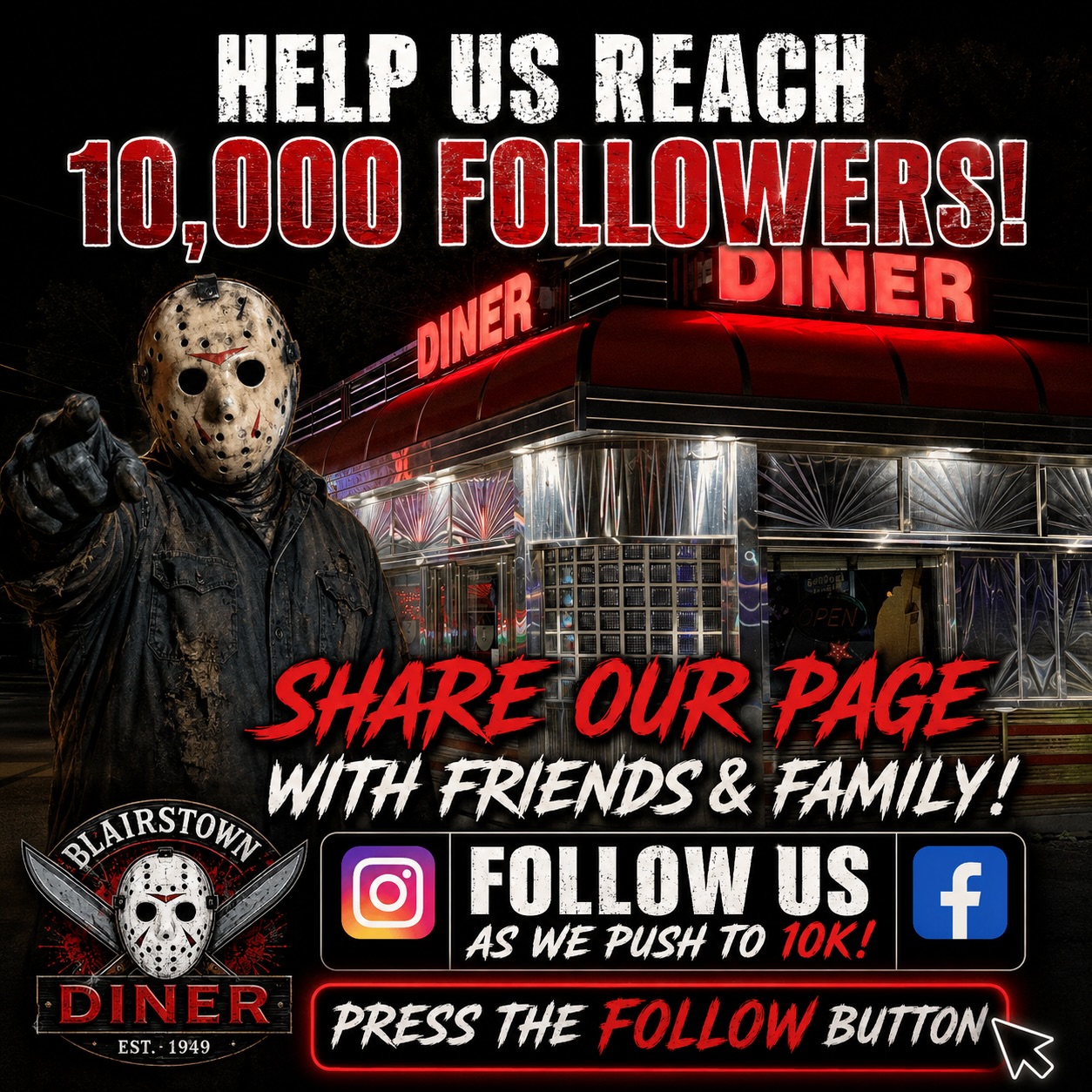 We need your help!! Share this post! Please! Follow us if you don’t! Great things are happening at Blairstown Diner and you’re going to want to know first!! 👍🏻 #follow #share #page #horror #scary