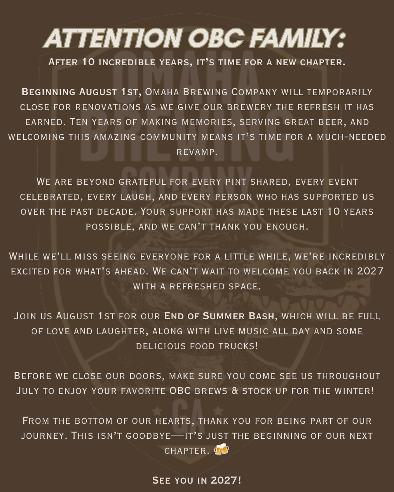 ATTENTION OBC FAMILY 🤎🍻
We’re so excited for 2027!!