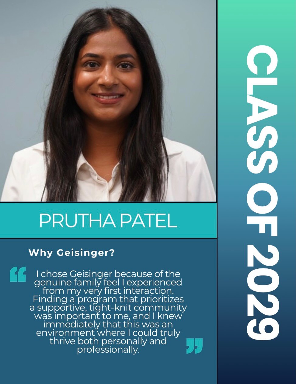 Say 👋 to our class of 2029. Next up, Dr. Prutha Patel!