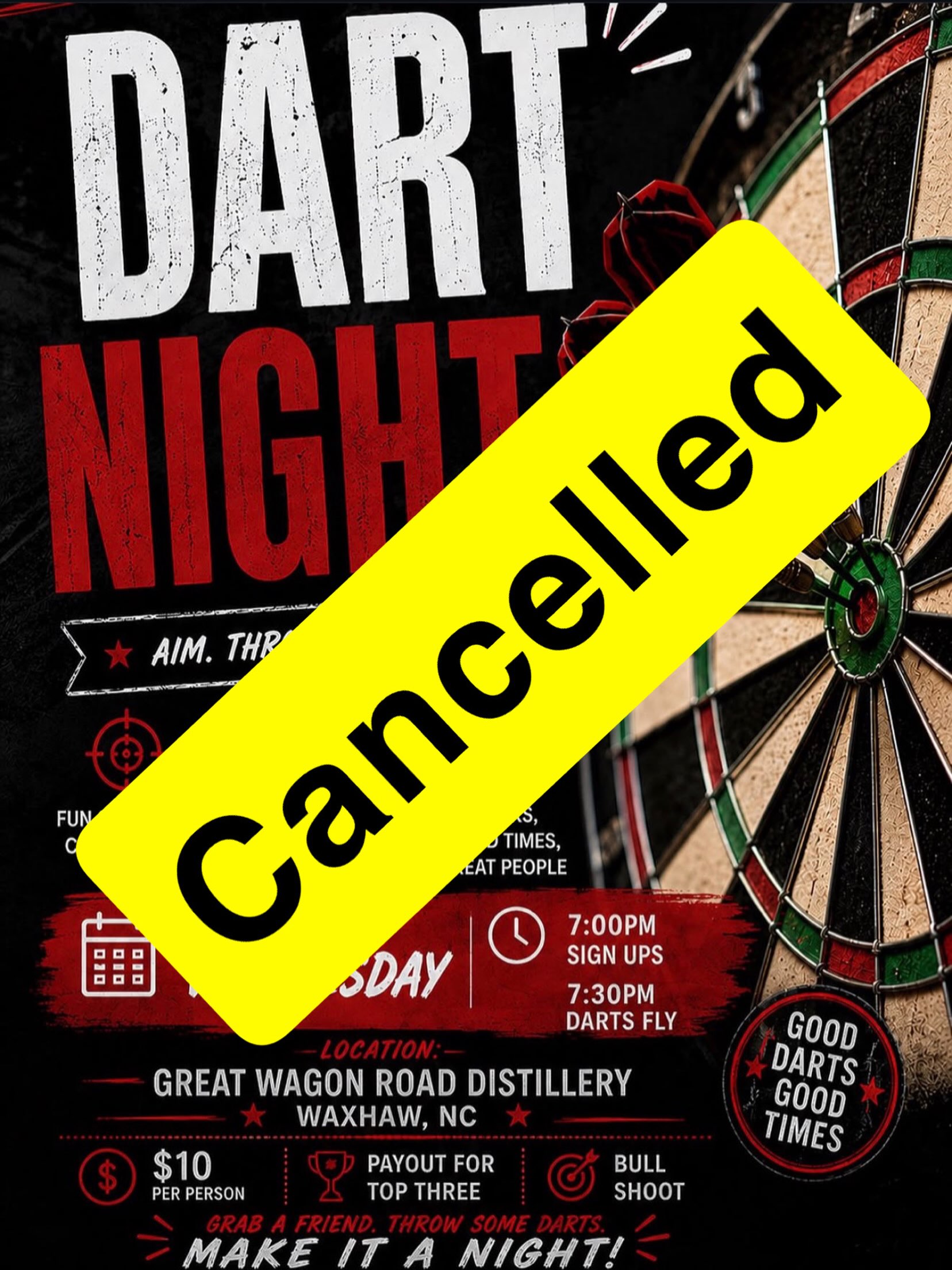 Due to another event uptown, dart night at GWR has been cancelled for tonight, 7/8. Please join us next Wednesday for dart night, as we will resume our regular schedule then. 🎯