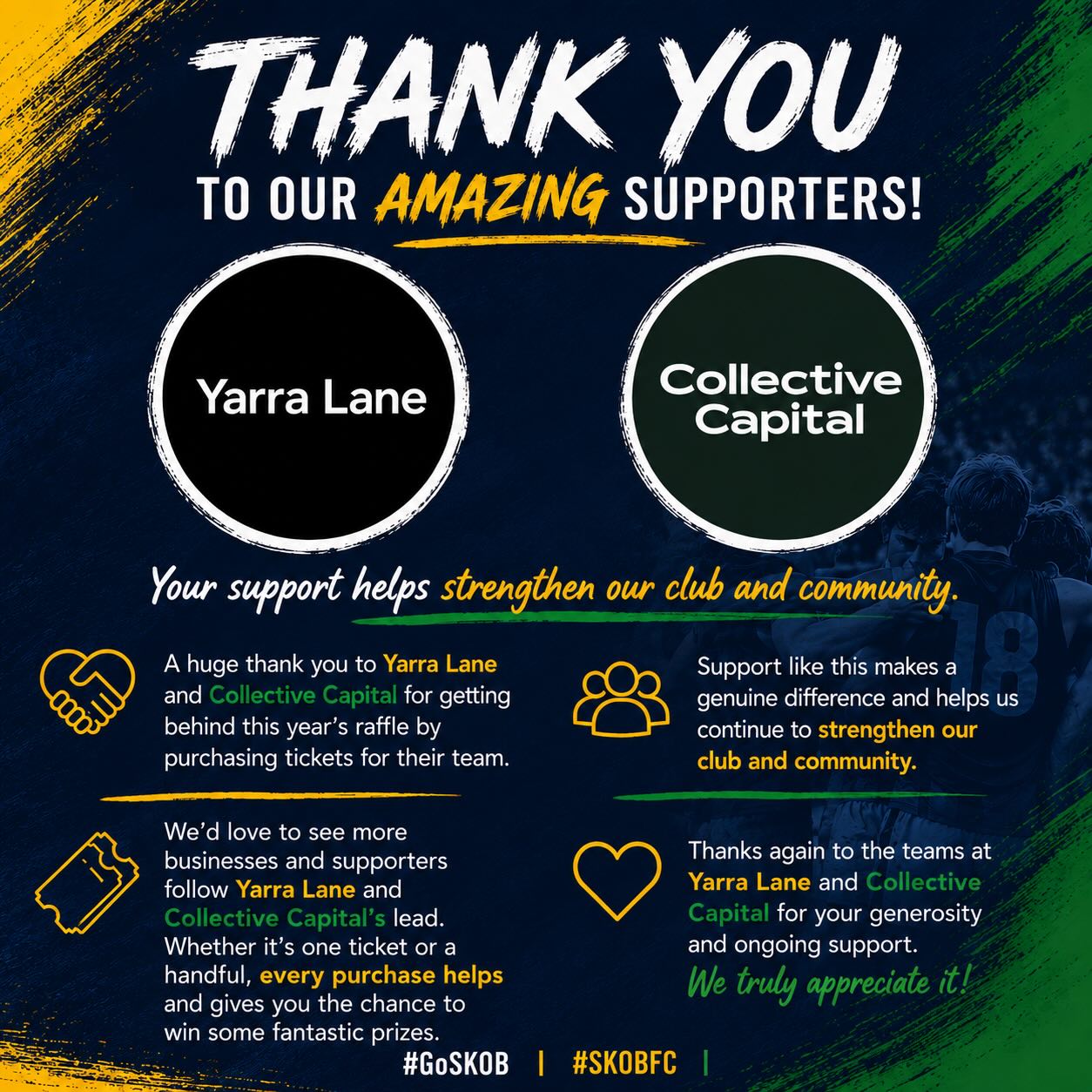 A huge thank you to @yarralanegroup and #CollectiveCapital for getting behind this yearโs raffle by purchasing tickets for their teams.
To all businesses and sponsors, see link in our bio to purchase tickets for your teams today!
#goSKOB๐๐๐