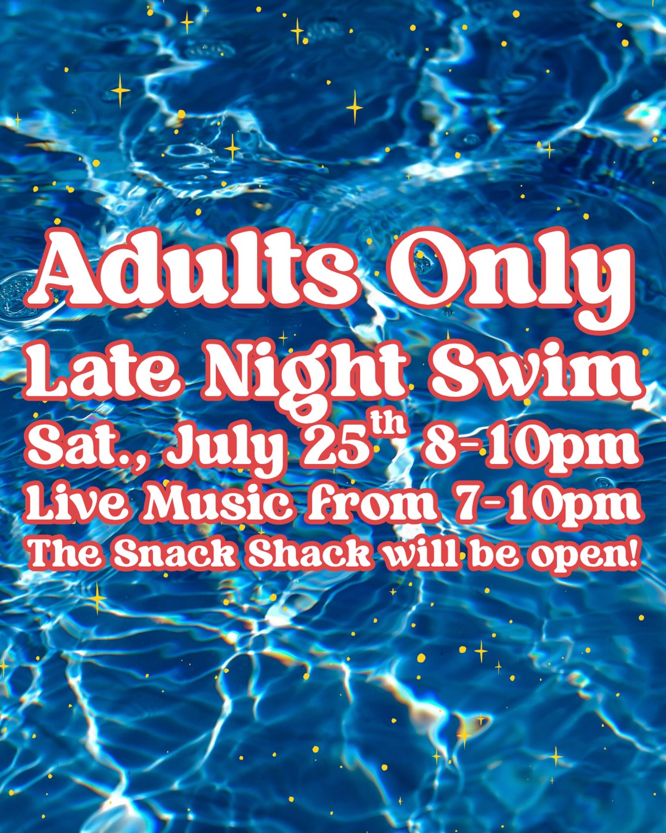 @starclairerecreationclub members ages 18+ are welcome to swim under the stars with us til 10pm THIS Saturday! The snack shack will be open, your guests can come in for free, we’ll have (non alcoholic) margarita mix in the slushy machine…a time will be had and we hope you’ll be there with us to have it ✨🌖🏊♀️
