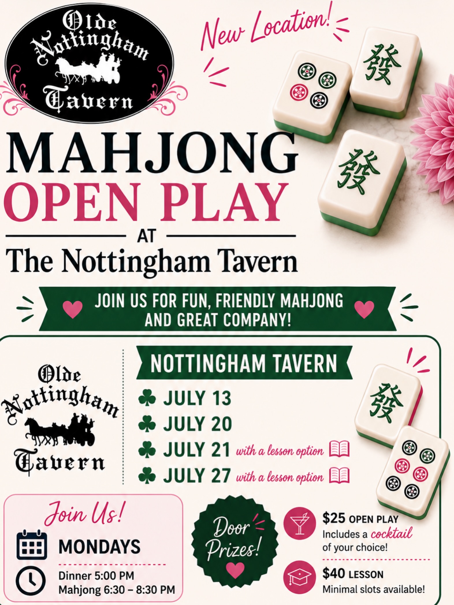 Mahj Me at the Nott is back! 🀄🍸
Our last Mahjong night was a full house, and July is filling up fast.
Whether you’re coming to play, learn, or just enjoy a fun night out with friends, we’ve got a seat waiting for you.
🀄 July 13 – Open Play
🀄 July 20 – Open Play
🀄 July 21 – Open Play + Beginner Lessons
🀄 July 27 – Open Play + Beginner Lessons
🍸 $25 Open Play includes a cocktail of your choice
📖 $40 Beginner Lessons available on select dates
🎁 Door prizes every night
Come early for dinner starting at 5 PM, then join us in the pavilion for Mahjong from 6:30–8:30 PM.
Pre-registration is required, and spots are limited.
Reserve your spot today- link in bio
Meet me at the Nott.