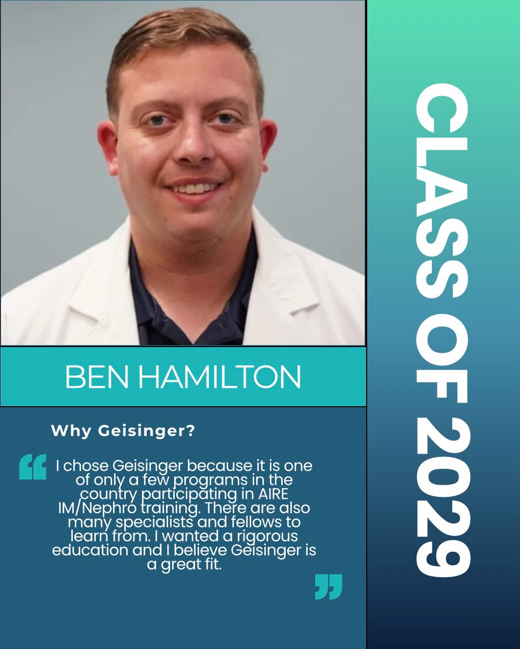 Say 👋 to our class of 2029! From the IM-Nephrology track, Dr. Ben Hamilton!