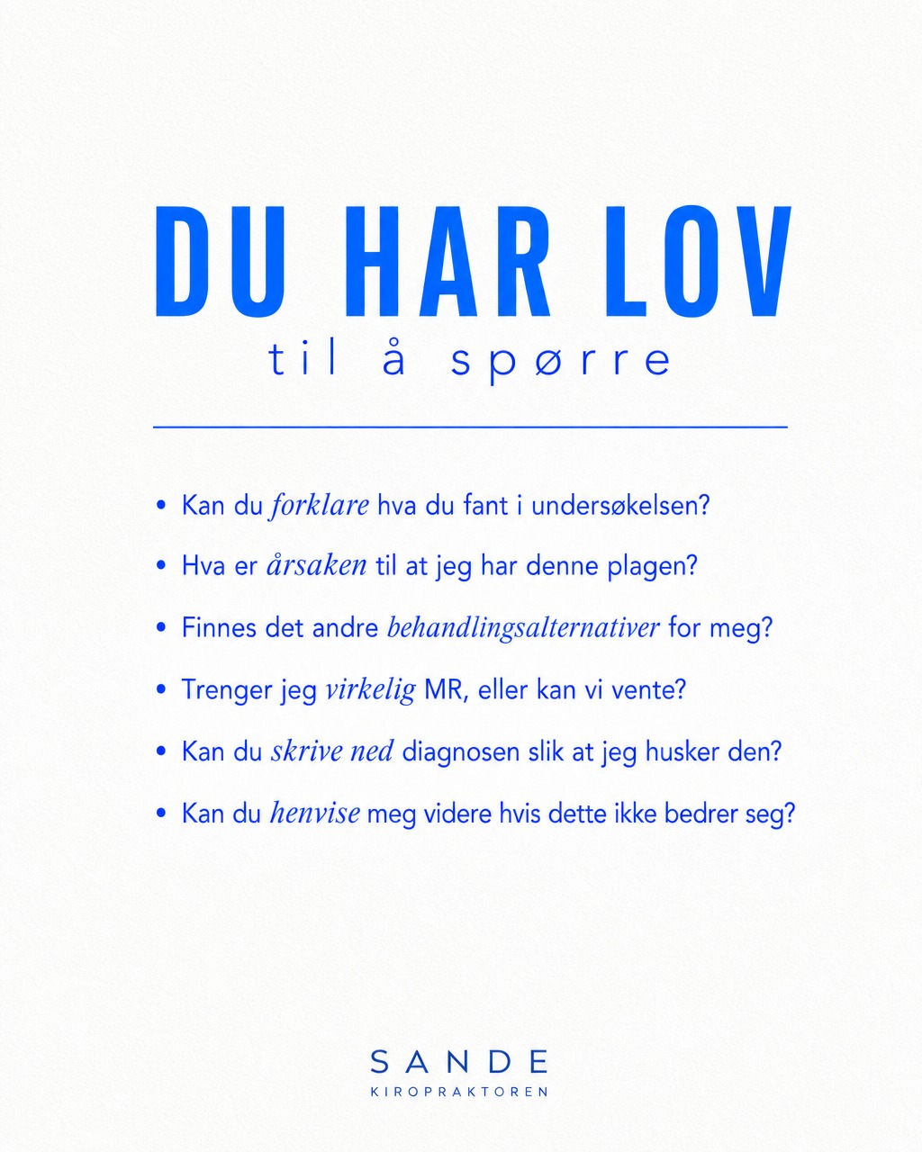 Ingen skal gå ut av døra med spørsmål de ikke turte å stille 💬
Du har lov til å spørre om alt:
✅ "Kan du forklare hva du fant?"
✅ "Hva er årsaken til plagen min?"
✅ "Trenger jeg MR nå?"
✅ "Kan du henvise meg videre?"
Visste du at vi kan henvise til både spesialist og bildediagnostikk? 💡
Ønsker du hjelp eller en vurdering, ta kontakt 🤝
#kiropraktor #sande #muskelskjelett #rygg #nakke