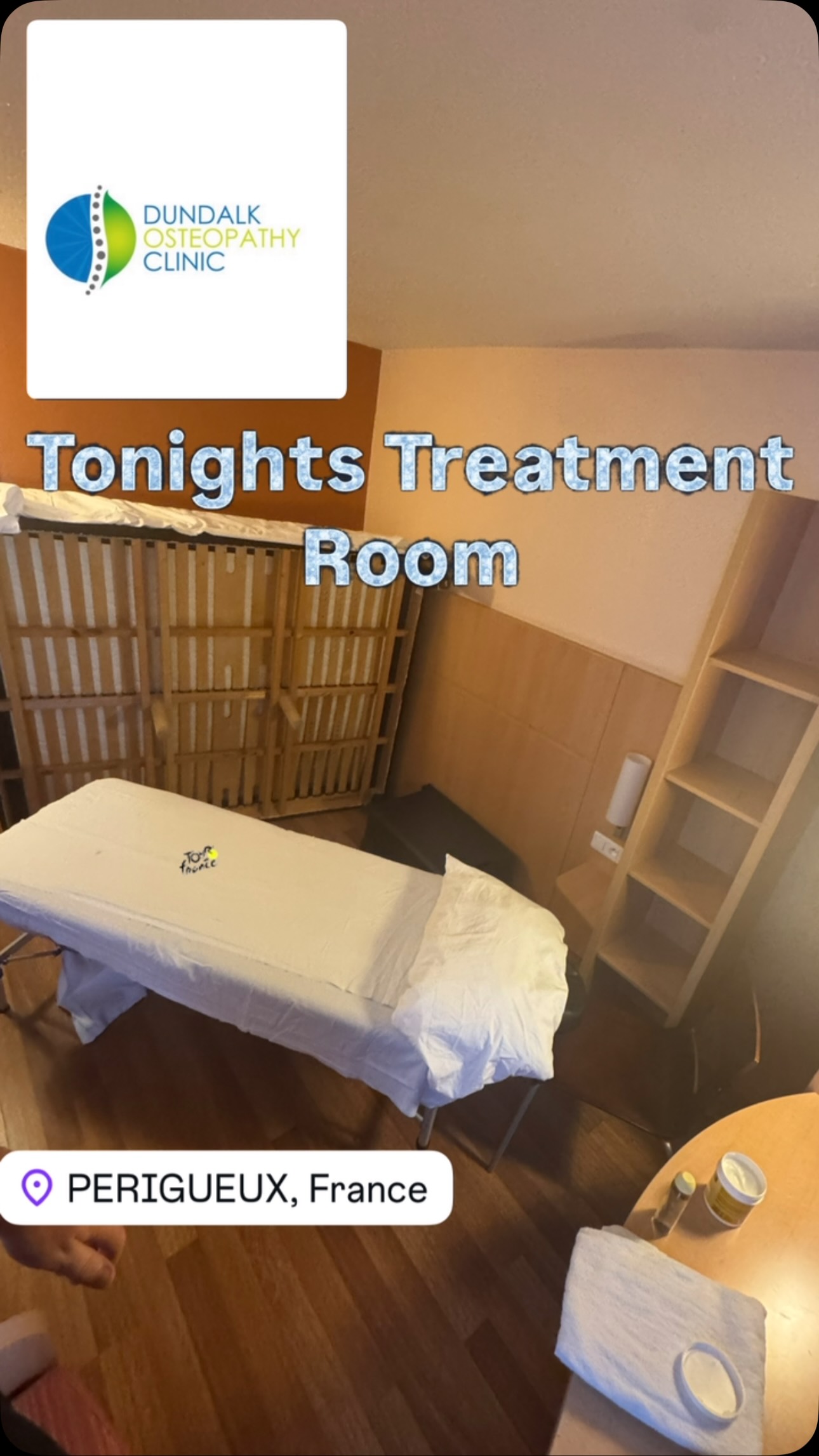 Tonights Treatment Room St 8 @letourdefrance 1 more day to the rest day 😎👀 #dundalkosteopathyclinic #dundalksportsmedicine #dundalkosteopath #backpain #neckpain