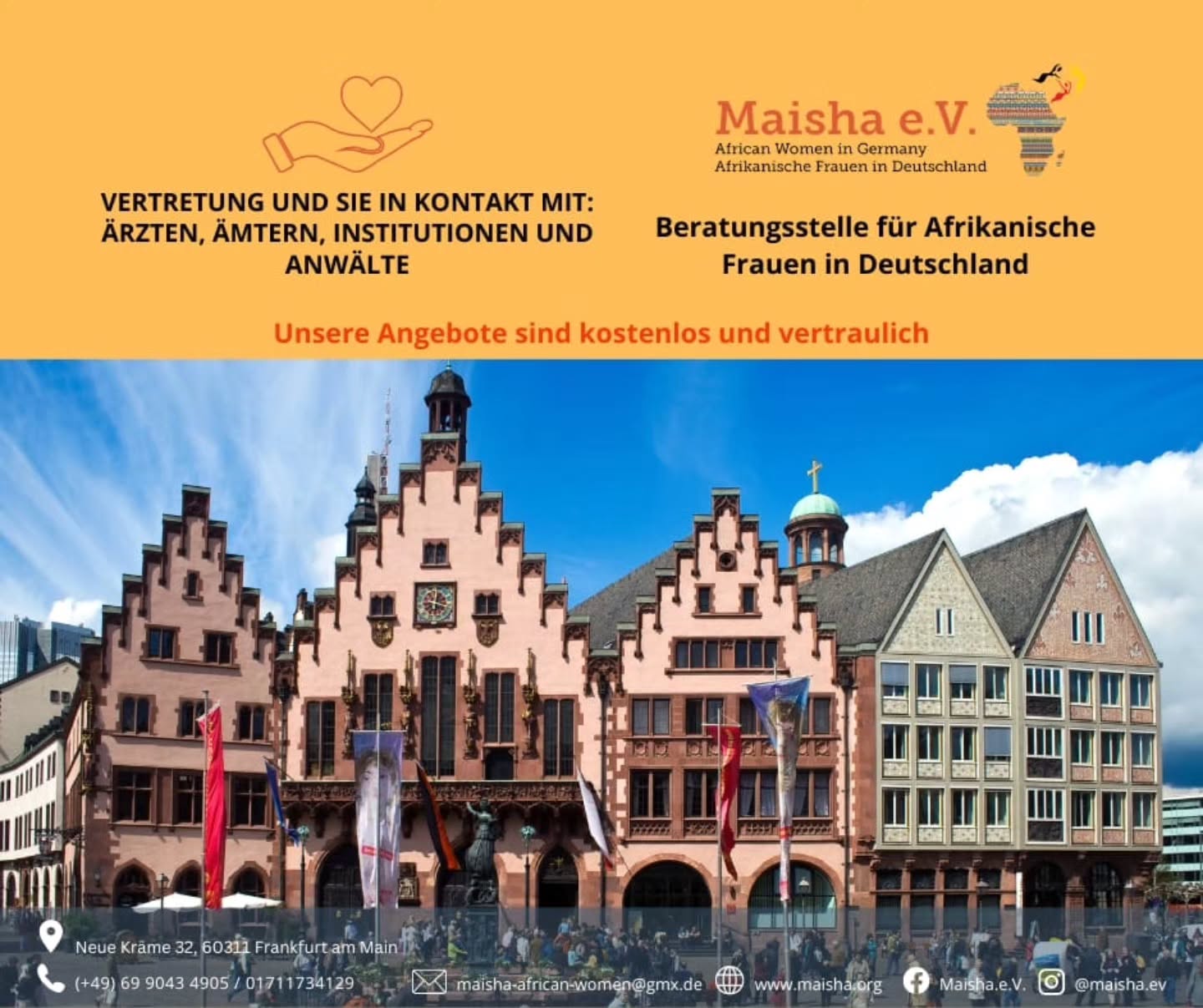 Wir sind für Sie da!
Maisha e.V. unterstützt afrikanische Frauen in Deutschland bei Behördengängen sowie im Kontakt mit Ärzt:innen, Institutionen und Rechtsanwält:innen.
✅ Kostenlos
🤝 Vertraulich
❤️ Individuell
Gemeinsam finden wir den richtigen Weg.
We are here to support you!
Maisha e.V. supports African women in Germany by providing guidance and representation when dealing with public authorities, healthcare providers, institutions, and legal professionals.
✅ Free of charge
🤝 Confidential
❤️ Personalized support
Together, we help you find the right path.
#MaishaEV #Beratung #AfrikanischeFrauen #Frankfurt #Integration Empowerment
Support AfricanWomen Germany Community