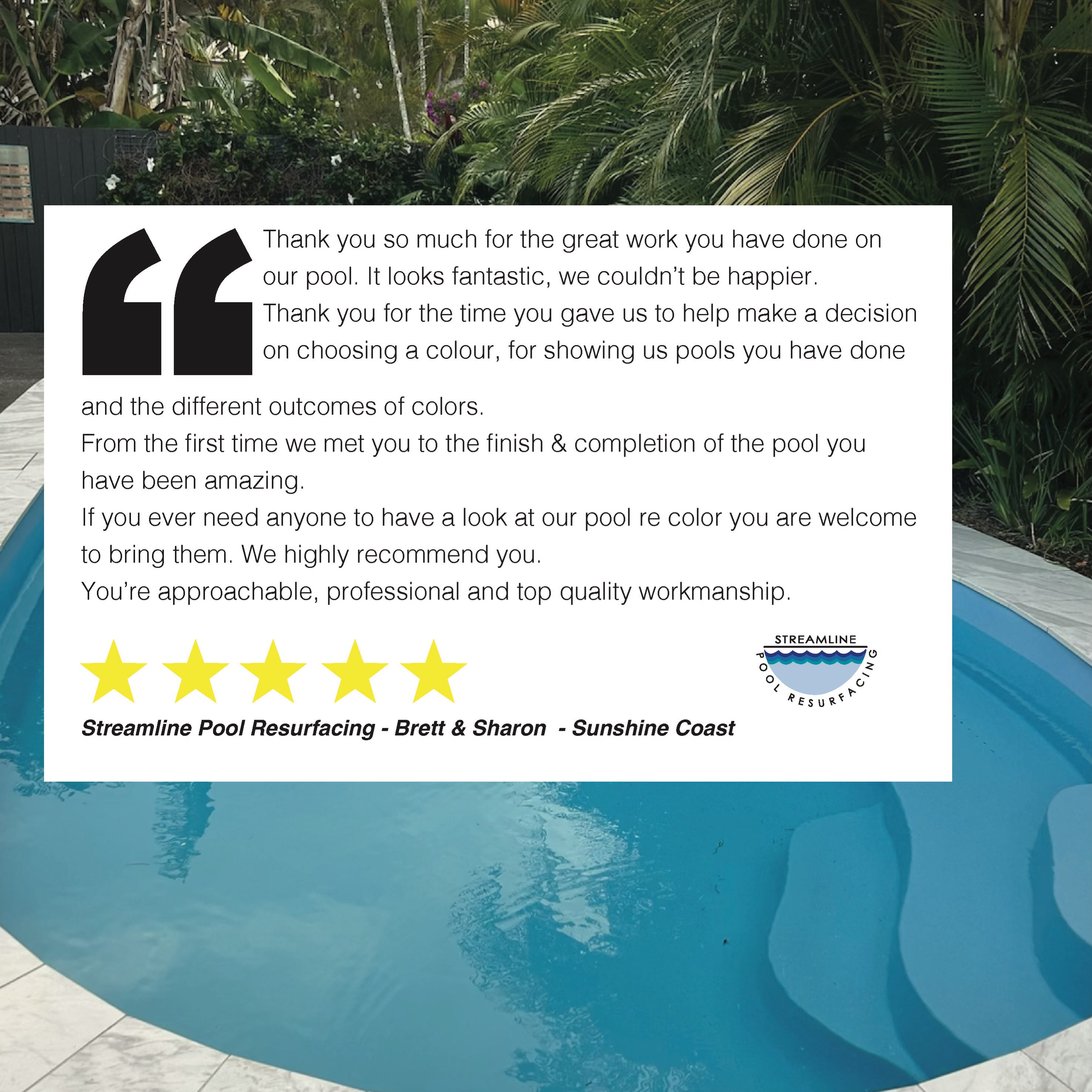 Some terrific feedback from a recently completed job located in twin waters on the Sunshine Coast 😊
.
.
.
#streamlinepoolresurfacing #resurface
#customerreview #feedback
#review