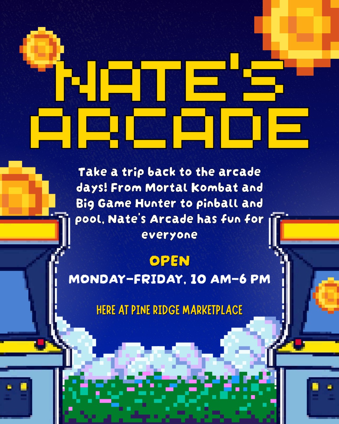 Looking for something fun to do? Swing by Nate's Arcade and enjoy classic arcade games, pinball, and pool. Open MondayāFriday, 10 AMā6 PM. See you there! šÆ