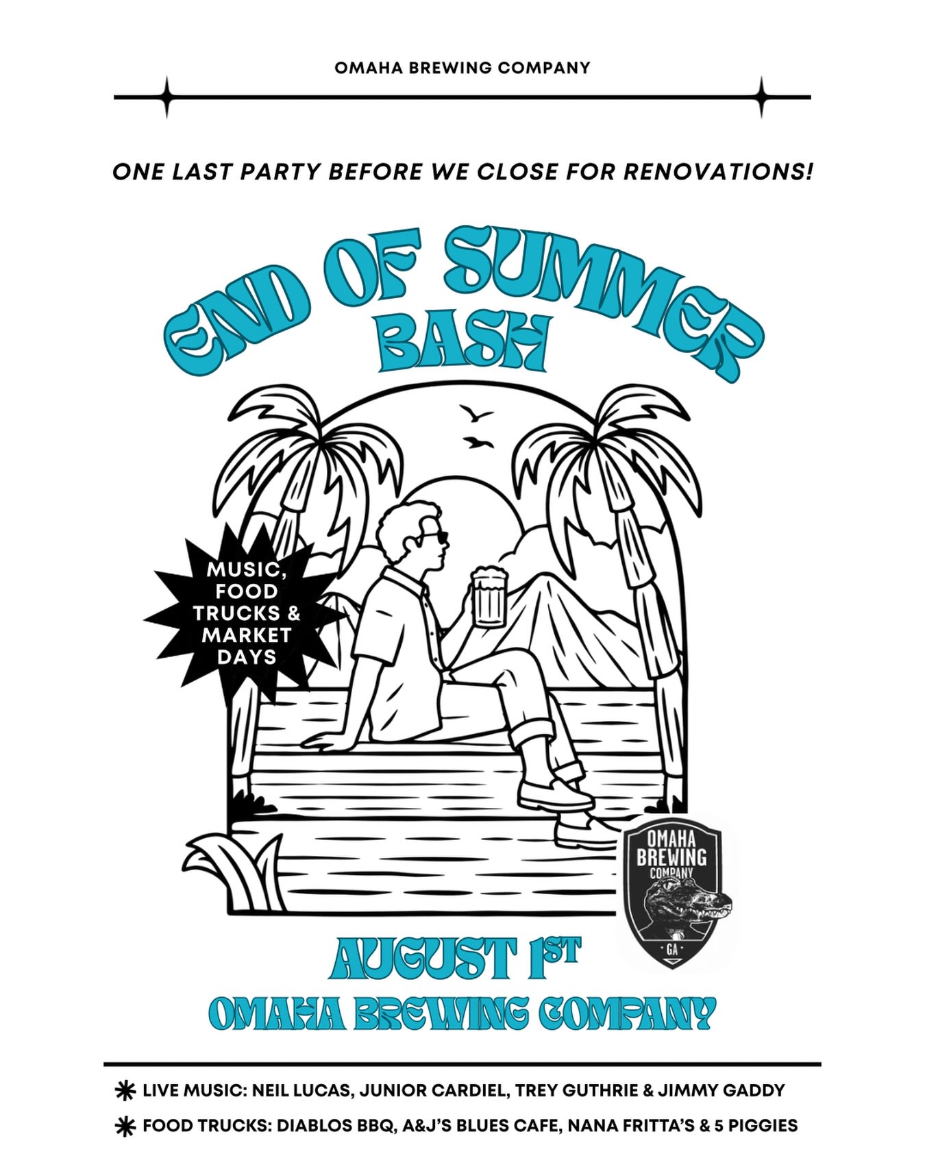 END OF SUMMER BASH🏖️🍻
Our last event before we close for renovations!!
LIVE MUSIC, FOOD TRUCKS & LOCAL VENDORS ALLLL DAY LONG!