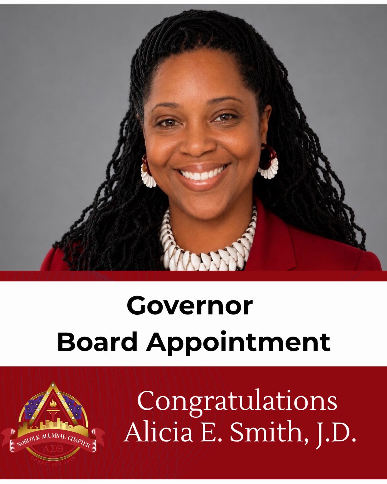 Norfolk Alumnae Chapter is proud to announce that our very own Soror Alicia Smith has been appointed by the Governor to serve on the Virginia African American Advisory Board.
We look forward to her working alongside fellow board members to advance civic engagement, strengthen communities, and help expand opportunities for citizens across the Commonwealth.
We are incredibly proud of her and wish her the absolute best in this impactful leadership role.
#NACDST1929 | #DST1913 | #SocialAction |
#SisterhoodandService