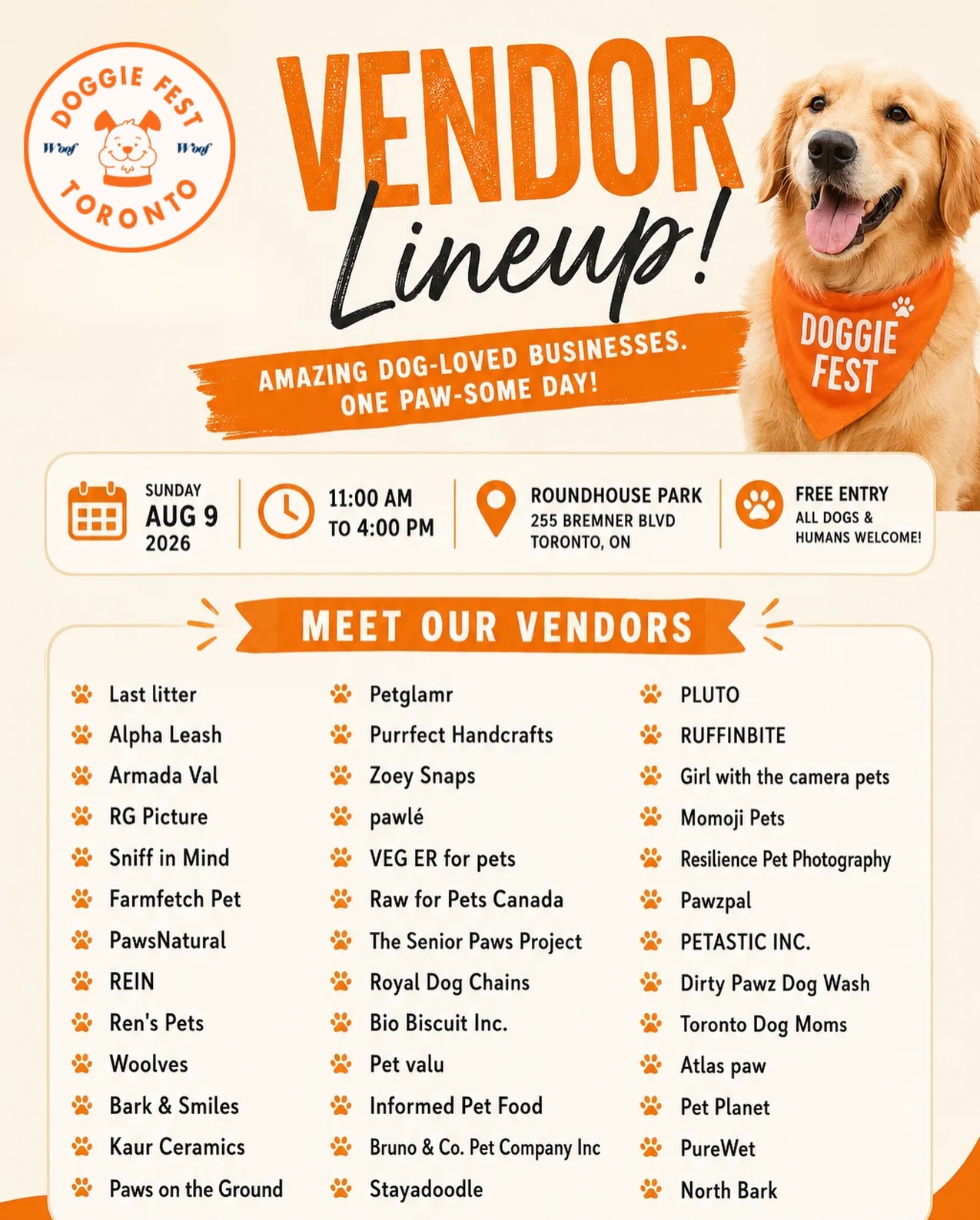 🐾 Doggie Fest is bringing together 40+ amazing pet businesses for one paw-some day! 🧡
Whether you’re shopping for your pup, discovering local brands, meeting talented pet photographers, finding healthy treats, or simply enjoying a fun day with fellow dog lovers, there’s something for everyone.
📅 Sunday, August 9
⏰ 11:00 AM – 4:00 PM
📍 Roundhouse Park, Toronto
🎟️ FREE Admission
🐶 Shop local.
📸 Capture unforgettable memories.
🦴 Spoil your pup.
❤️ Support amazing Canadian pet businesses.
Tag your dog-loving friends and let us know which vendor you’re most excited to visit! 👇
#DoggieFest #DoggieFestToronto #TorontoDogs #TorontoEvents #DogFriendlyToronto