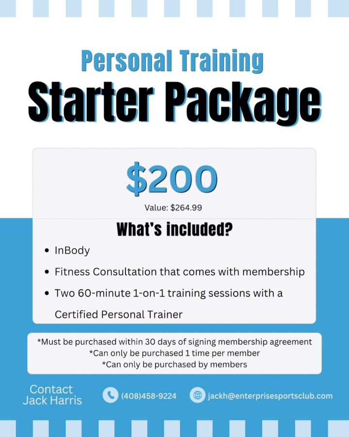 Interested in personal training sessions? We are now offering a Starter Package for new members!
For more information contact Jack Harris
š(408)458-9224
šjackh@enterprisesportsclub.com
ā¢
ā¢
ā¢
#personaltraining #training #scottsvalley #santacruz #gym