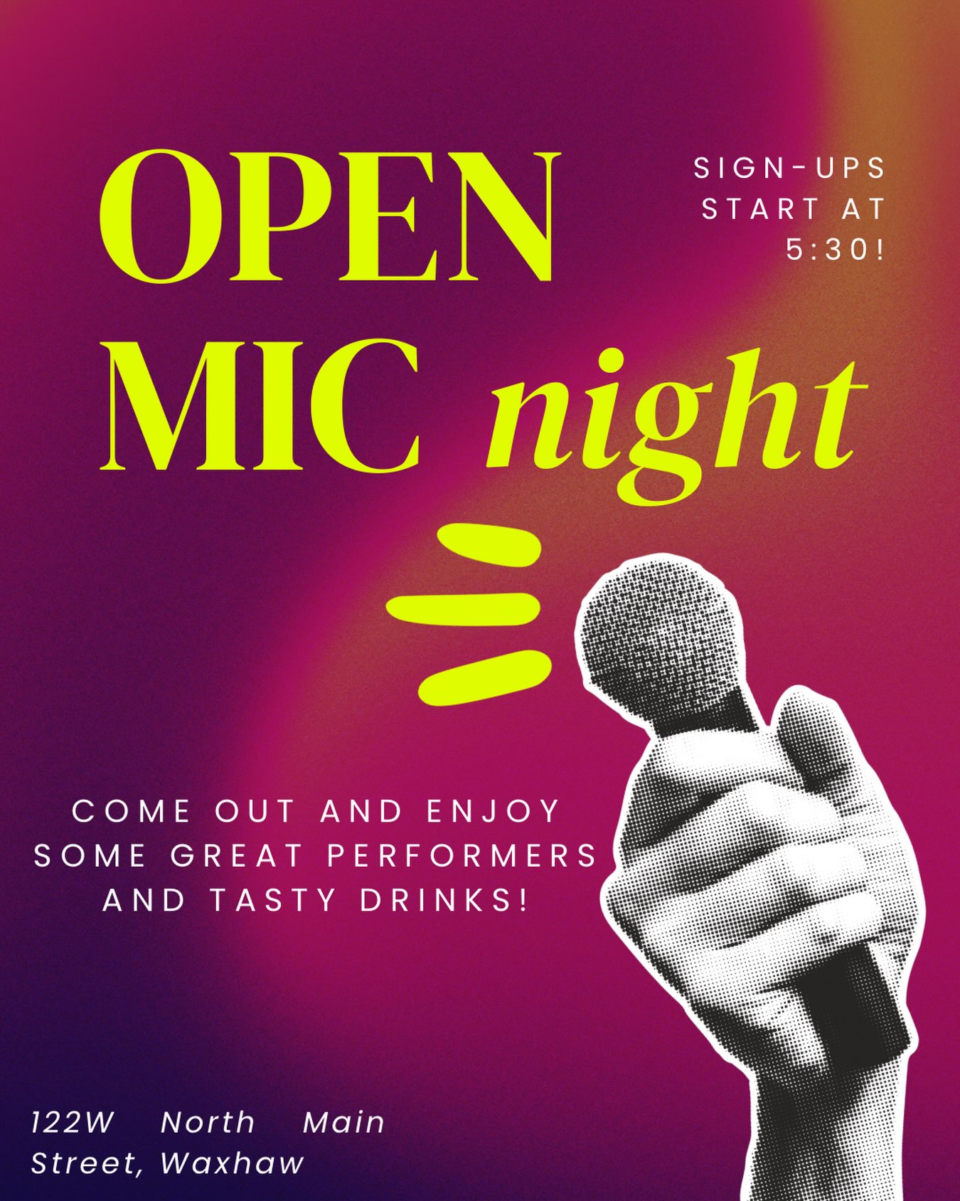 Tonight! We can’t wait to hear all of you amazing people on stage! Come support the local talent and enjoy a drink 🥃🍹🍷🍺