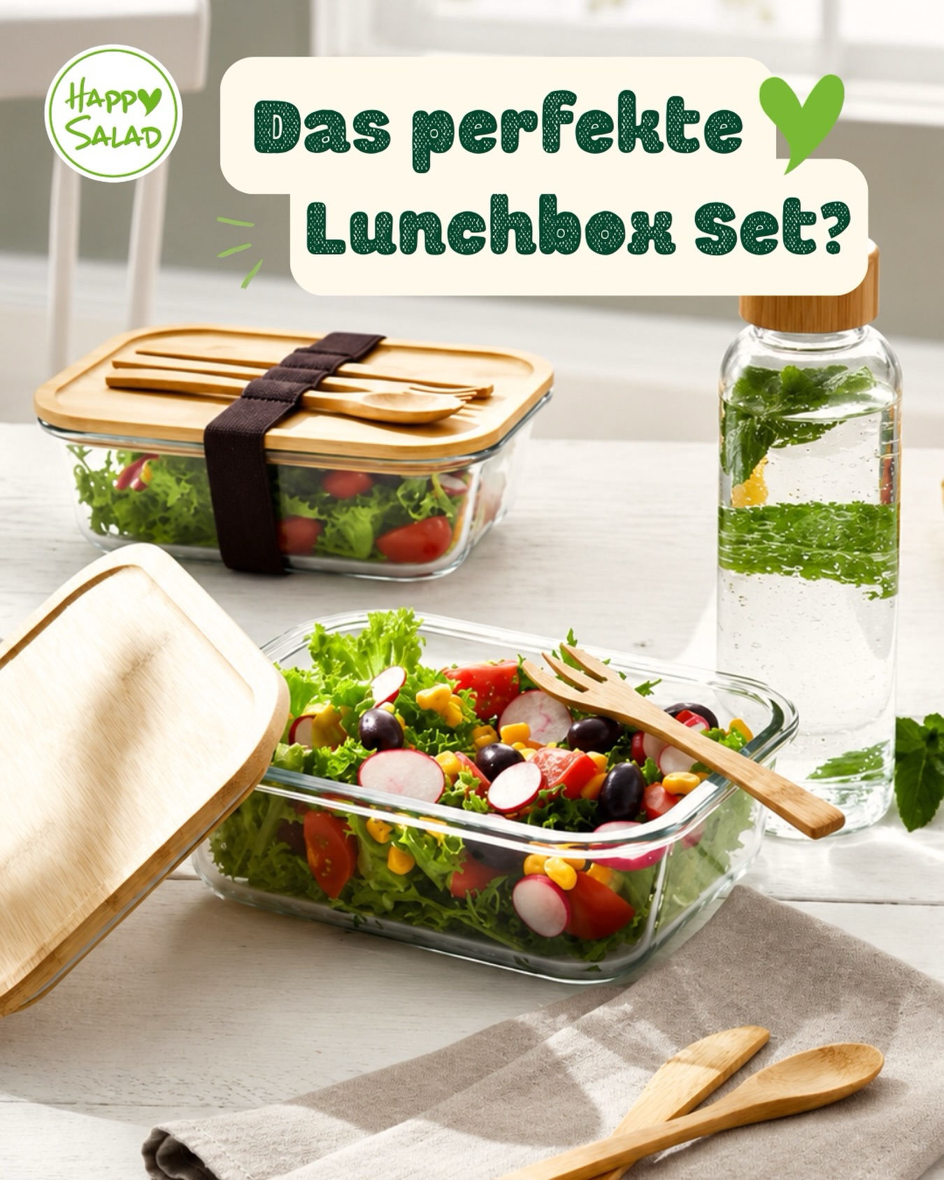 Salat unterwegs? Na klar! Unser Happy Salad Lunchbox Set macht Schluss mit auslaufenden Flaschen, fehlendem Besteck und matschigen Zutaten. Glas-Lunchbox, Bambus-Besteck im Gummiband und eine Glastrinkflasche mit Schraubverschluss — so bleibt alles frisch, knackig und lecker.
Du willst schnell, nachhaltig und geschmackvoll essen? Mit unseren natürlichen Salatsoßen (ohne künstliche Aroma-, Farb- oder Konservierungsstoffe) wird jeder Salat zum Highlight – ob Büro, Picknick oder Schule. Probier verschiedene Sorten, pack Proteine dazu und freu dich auf mehr Genuss im Alltag!
💚 Und das beste: Wer im Juli 2026 das Happy Salad Lunchbox Set bestellt, erhält eine Happy Salad Salatsoße (150 ml) GRATIS dazu❗️
Schnell sein lohnt sich – das Angebot gilt nur, solange der Vorrat reicht.❗️
👉 https://www.happy-salad.de/happy-shop
Neugierig? Schreib uns, welche Salatsoße du zuerst testen willst — oder klick auf den Link und erfahre mehr! 🥗✨
BE HAPPY & STAY HEALTHY💚
#HappySalad #Salatsoße #MealPrep #Nachhaltig #Lunchbox