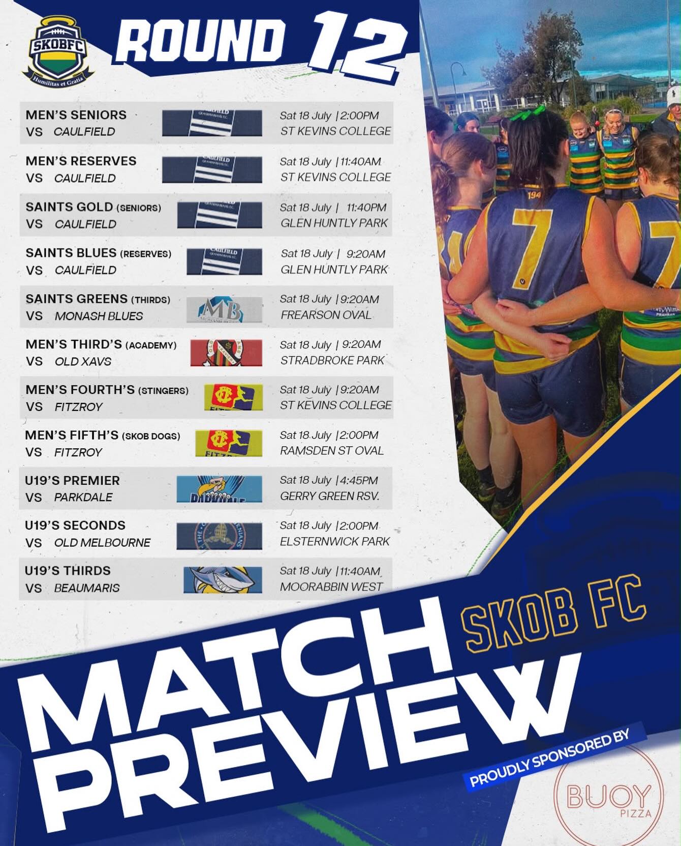 Round 12 fixture! All 11 teams in action!
Get down and support!
Proudly sponsored by @buoypizzakew
#goSKOB๐๐๐