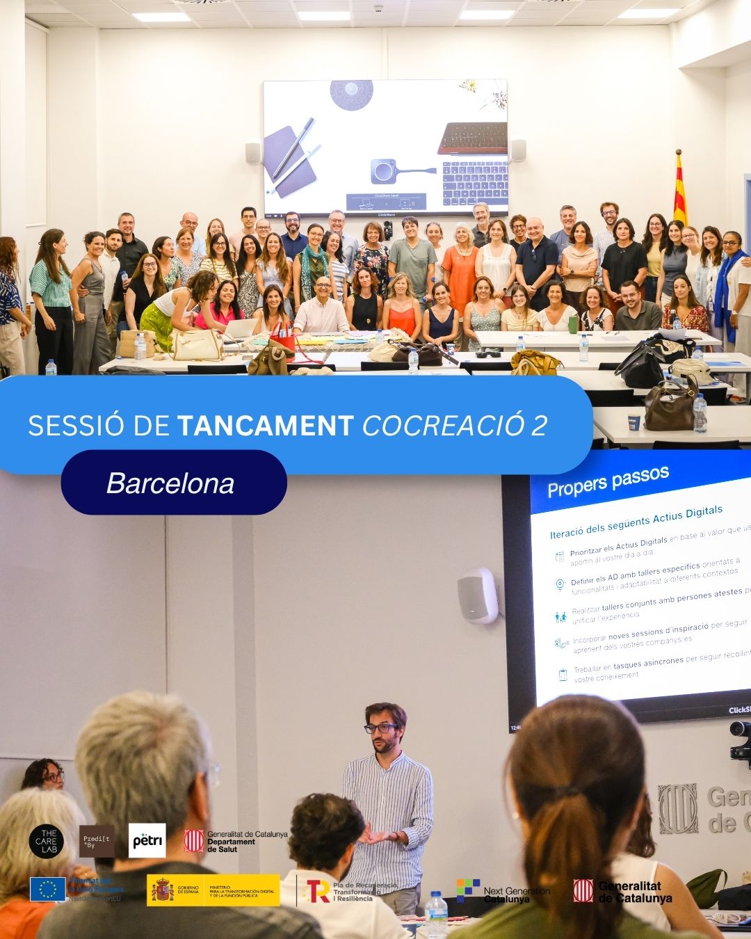 CAT
Gairebé un any després de publicar la "Visió col·lectiva per al futur de la salut", tanquem la segona etapa d'aquest viatge: aterrar la visió en processos i components digitals que orientaran la implementació dels futurs SSII en salut de Catalunya.
Durant els darrers 11 mesos hem acompanyat l'Estratègia de Salut Digital de Catalunya i el CatSalut, juntament amb els nostres socis Pëtri i PredictBy, en la construcció d'un motor de participació que ha implicat 216 persones d'arreu del territori: 54 professionals de la salut, 11 persones ateses i cuidadores, 19 líders estratègics i una xarxa estesa de 132 professionals.
Us compartim unes imatges del segon grup de treball amb 44 professionals, que durant 3 mesos han dedicat temps, coneixement i il·lusió a imaginar el futur plegats.
Gràcies a totes les persones que heu participat. La transformació només és possible quan es construeix conjuntament.
ENG
Almost a year after publishing the white paper "A Collective Vision for the Future of Healthcare", we are closing the next chapter: turning the vision into concrete processes and digital capabilities that will guide the implementation of a future healthcare IS for Catalunya.
Over the past 11 months, together with the Catalan Digital Health Strategy, CatSalut and our project partners Pëtri and PredictBy, we built a participation engine involving 216 people across Catalunya: 54 professionals, 11 patients and caregivers, 19 strategic leaders, and an extended network of 132 professionals.
Here are a few images from the second working group of 44 professionals who dedicated 3 months of their time, knowledge and enthusiasm to imagining the future.
Thank you to everyone who contributed. Meaningful care system transformation can only happen when it is people-powered.