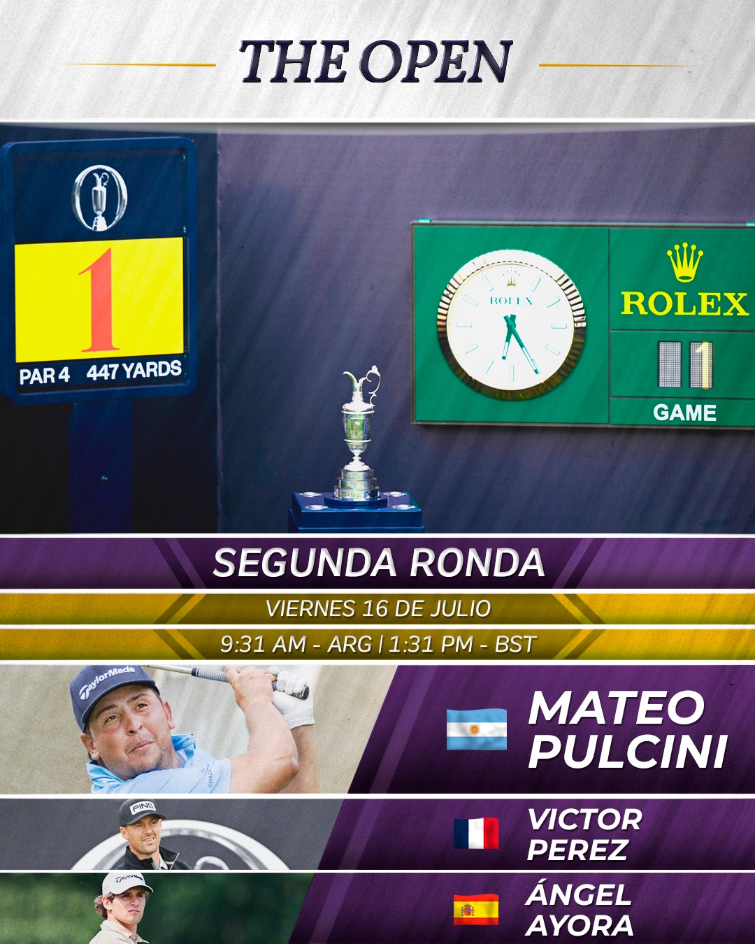 Sigue la acción en Royal Birkdale. ⛳
⏰ Tee times de los nuestros para la segunda ronda de @theopen:
🔹Mateo Pulcini 🇦🇷
🔹Joaquín Niemann 🇨🇱
🔹Nicolás Echavarría 🇨🇴
#TheOpen
•
@therandagolf @laac_golf