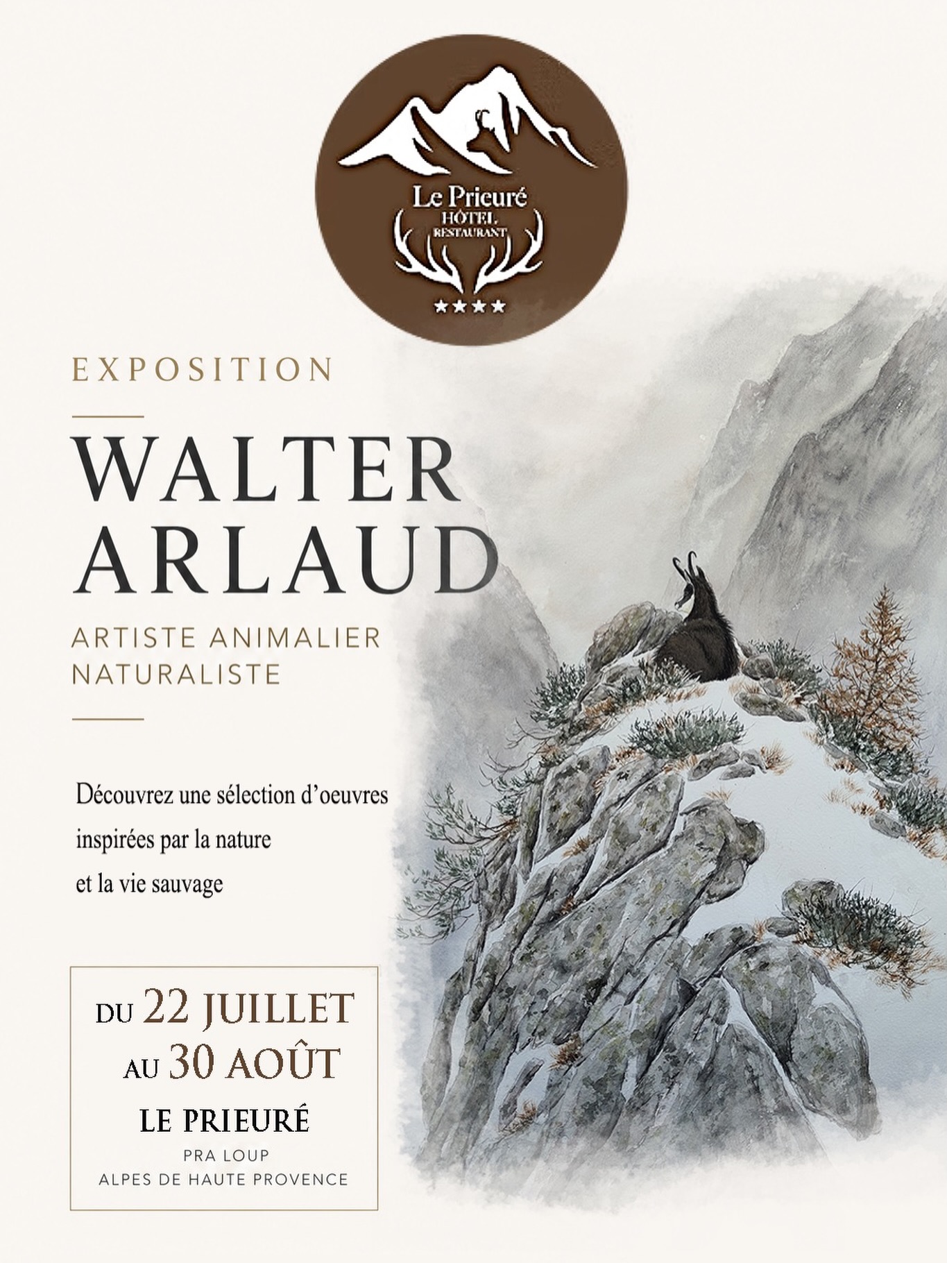 Parce que les passions rassemblent, L’hôtel restaurant Le Prieuré et Walter Arlaud, artiste naturaliste sont heureux de vous faire part de leur collaboration à travers une exposition d’art.
Niché dans un écrin de montagnes, ce lieu prestigieux, accueillera du 22 juillet au 30 août, une sélection d’œuvres dédiées à la faune emblématique de Alpes, que vous pourrez découvrir lors de votre passage tout en profitant d’un panorama exceptionnel.
@walter.arlaud.art