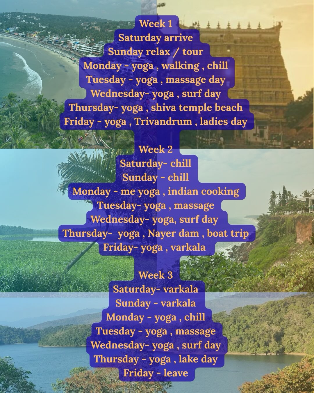 I booked my flights to India for next year with only one intention, to learn Ayurveda treatments and to continue my Ayurvedic and yogic studies…. However one person they wanted to come, then 3 then 4. So now I’m running this 3 week package deal WTF I’m so excited. This is obviously women only and one woman is looking to come just for week one, so I will accommodate. I will open this up only for 6 people so for those who do want to join let me know. - this was so crazy I literally put it together in 24 hours after some talks with my guys in India.
We stay practically on the beach.
When I say massage I mean a 2 hour complete Ayurveda treatment.
When I say yoga, that can be with me or one of the best yoga teachers I know.
When I say trip, India will change your life.
This is for people who have never been and always wanted to go to India but something has held them back. The package has been built around hold space for magic with safety at the forefront. Organised by me and my most trusted guys on the ground.
Food not included because it depends on individual preference and tolerance, restaurants on the doorstep.
#ayuveda #holiday #india #travel #yoga