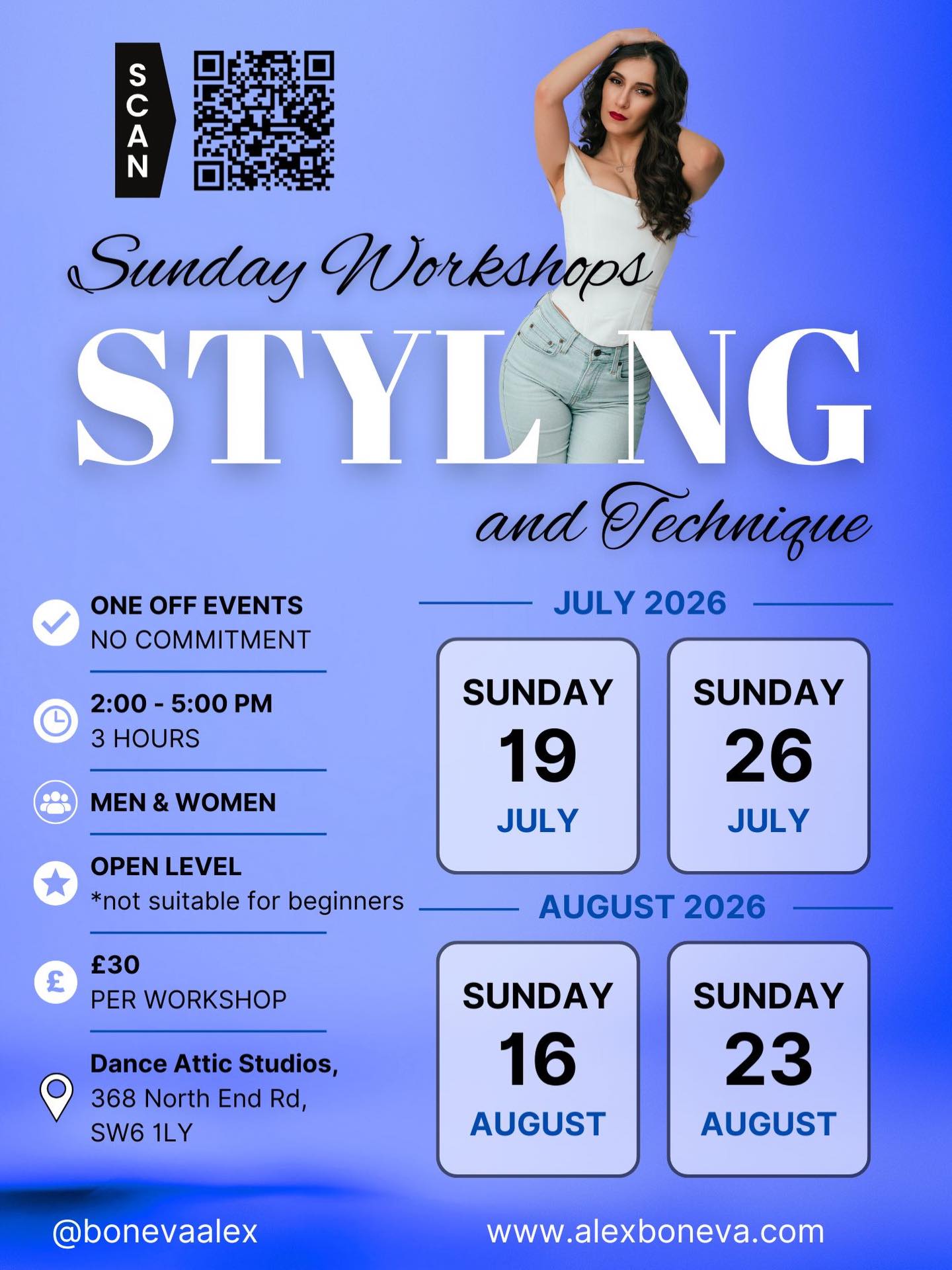 💃🏻BACHATA STYLING & TECHNIQUE WORKSHOPS
3-hour intensive workshops to help you improve your technique, body movement & styling without committing to a full course.
✨ Check the poster for full details
📍 Dance Attic Rehearsal Studios
✏️ alexboneva.com