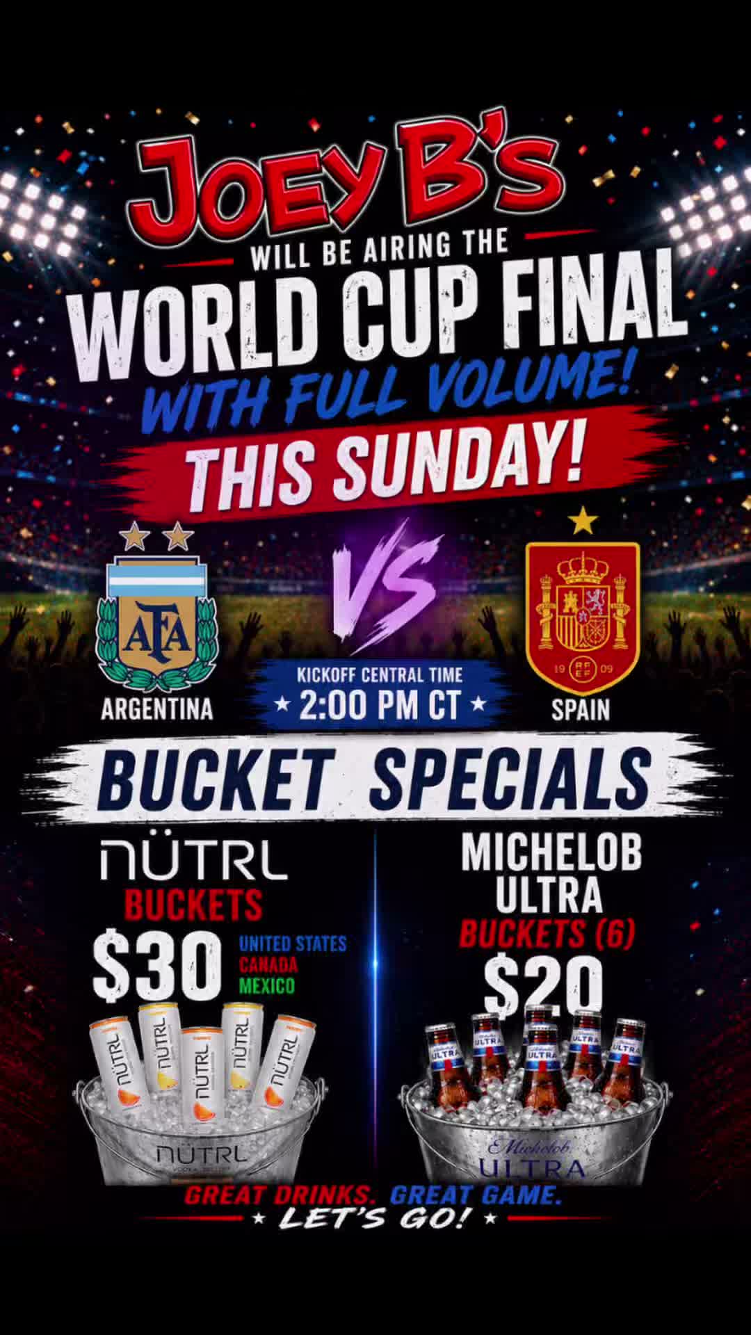 🏆 The World Cup Final is here! ⚽️
Join us THIS SUNDAY at 2:00 PM as Argentina 🇦🇷 takes on Spain 🇪🇸 LIVE with FULL VOLUME on our big screens!
🍻 Game Day Specials:
• $30 NÜTRL Buckets
• $20 Michelob Ultra Buckets (6)
Grab your crew, enjoy the atmosphere, and don’t miss the biggest match of the tournament! ⚽🔥
Check out the reveal at the end!
#JoeyBs #WorldCupFinal #ArgentinaVsSpain #SoccerWatchParty #GameDay #FullVolume #STLRestaurants #BucketSpecials #LetsGo