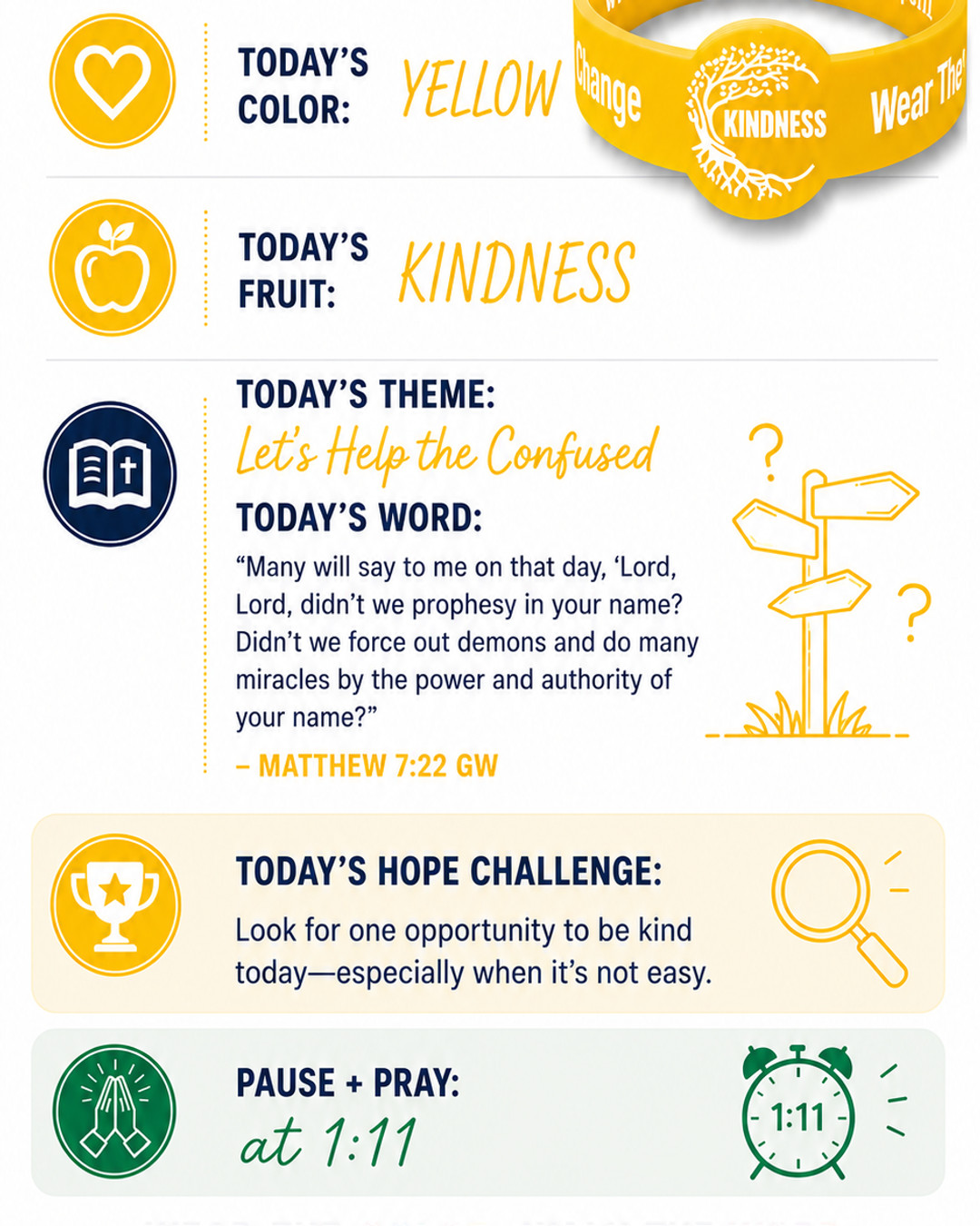 💛 Yellow Day • KINDNESS
Let's Help the Confused
Our world is full of voices competing for our attention. Some point us toward truth, while others can quietly lead us away from it. Jesus reminds us to be discerning and to recognize people by the fruit they produce.
📖 Scripture Whisper
"Many will say to me on that day, 'Lord, Lord, didn't we prophesy in your name? Didn't we force out demons and do many miracles by the power and authority of your name?'"
— Matthew 7:22 (GW)
Kindness isn't simply being nice—it's helping people find the truth with love, grace, and compassion. Sometimes the kindest thing we can do is lovingly point someone back to God's Word.
💛 Today's Hope Challenge:
Look for someone who may be confused, discouraged, or searching for answers. Pray for them, encourage them, and gently point them toward the hope found in Jesus.
🕐 Pause + Pray with us today at 1:11.
Together, let's become people who don't just speak about Jesus—but faithfully reflect His character through the Fruit of the Spirit.
Wear the Color. Walk the Word.™
New Habits Create Change™
🌳 Learn more: https://branchtohope.app
💬 Question for our community:
Have you ever had someone lovingly guide you back to God's truth when you needed it most? Share your story below—we'd love to hear how God used someone else's kindness in your life.
#BranchToHope #WearTheColorWalkTheWord #Kindness #FruitOfTheSpirit #Matthew722 #DailyDevotional #PauseAndPray #NewHabitsCreateChange #ChristianCommunity #FaithJourney #YouTubeCommunity #BTHColorOfTheDay