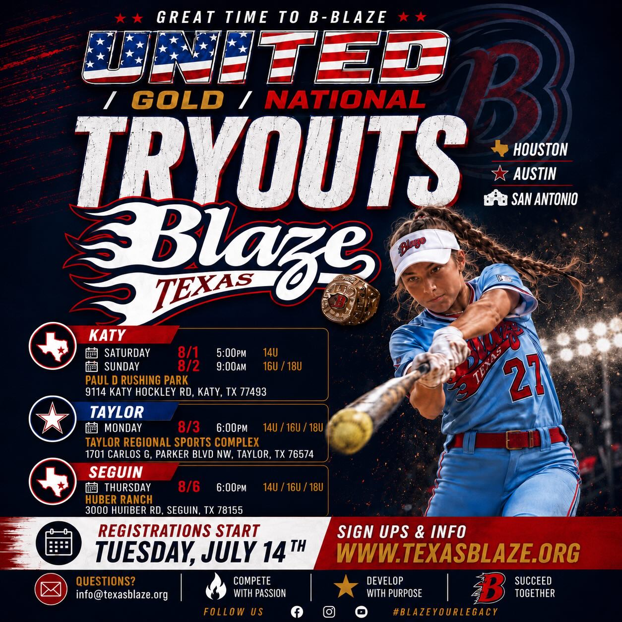 The wait is over! 🔥🥎
Texas Blaze Gold & National Tryouts are here! Come compete with the best, develop your game, and Blaze your legacy. Register today and we’ll see you on the field! 💪
#TexasBlaze #BlazeYourLegacy #BlazeSoftball #Fastpitch #Tryouts GoldStandard