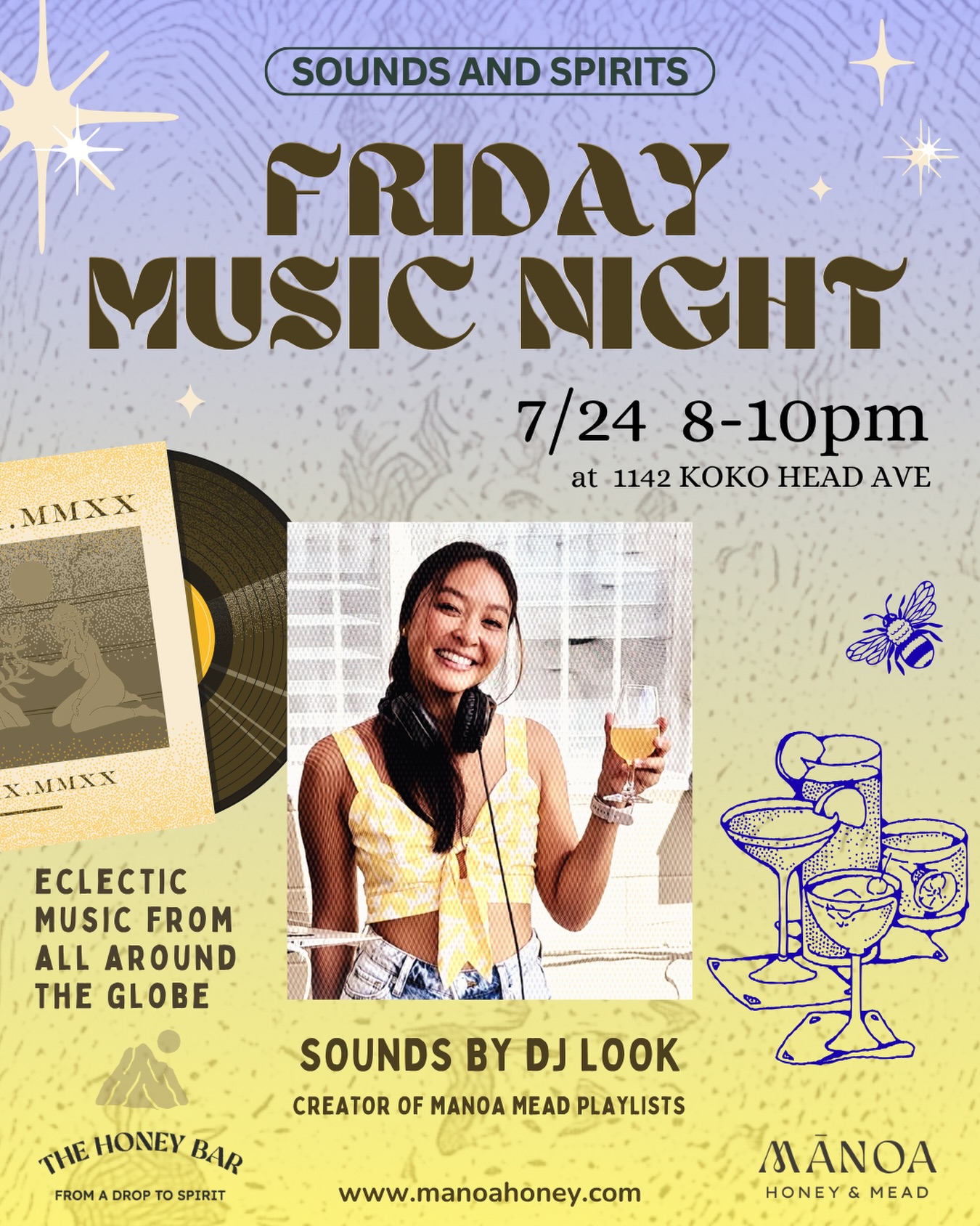Join us at The Honey Bar for another evening of great drinks and even better music with DJ LOOK @therachellook , the creator of Manoa Mead Playlist, bringing an eclectic mix of sounds from around the globe.
Whether you’re stopping by for a cocktail, a glass of mead, or just looking for a laid-back way to kick off the weekend, we’ve got you covered.
📍 The Honey Bar
1142 Koko Head Ave
🗓️ Friday, July 24
⏰ 8:00–10:00 PM
Bring your friends, grab a drink, and settle in for a night of good vibes. See you Friday.
#TheHoneyBar #ManoaHoney #FridayMusicNight #HonoluluEvents #Kaimuki LiveDJ CraftCocktails Mead HonoluluNightlife SupportLocal FridayVibes