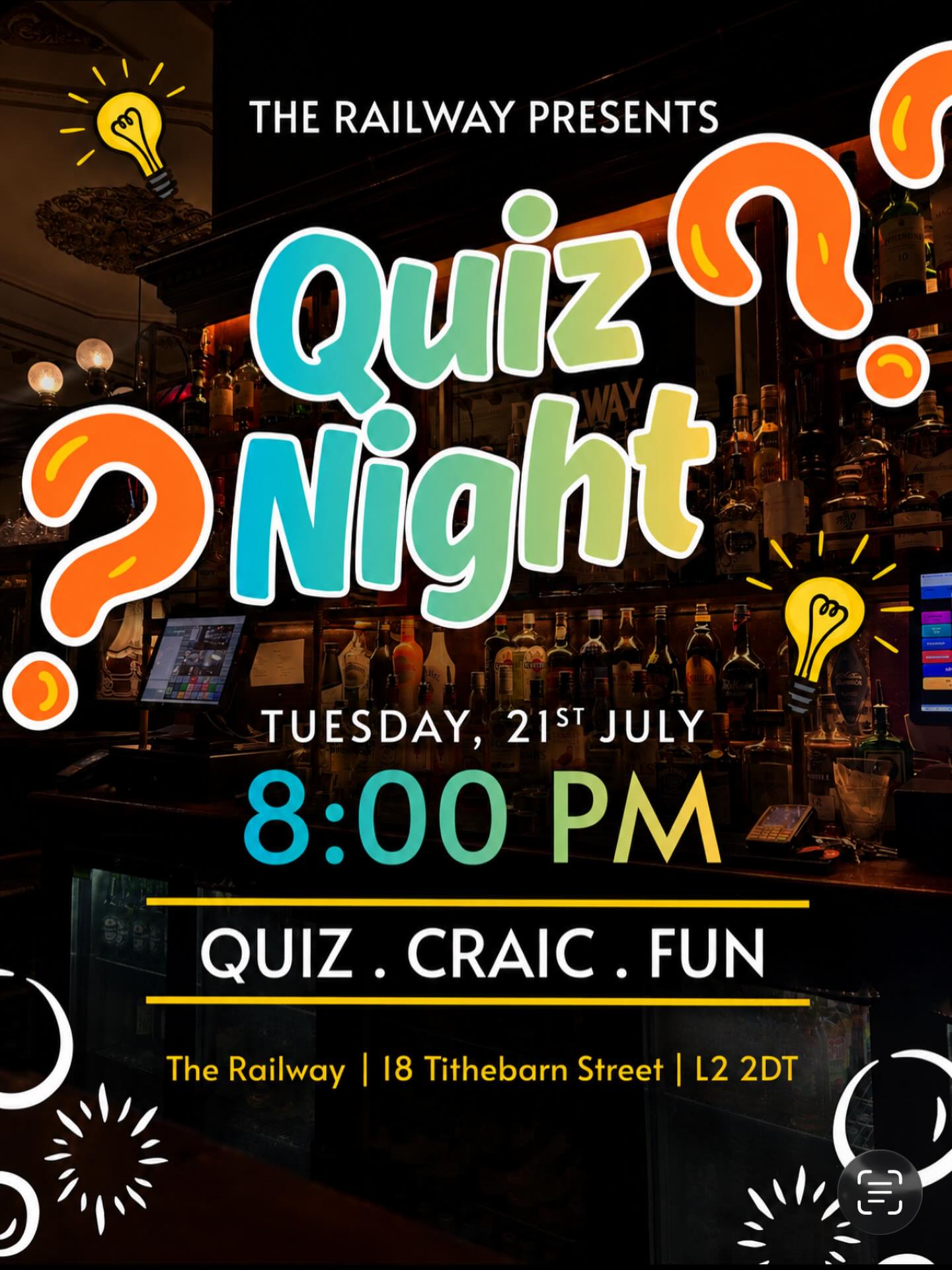 🧠✨ QUIZ NIGHT IS BACK! ✨🧠
Think you’ve got what it takes to be crowned quiz champion? Gather your smartest mates and join us for a night of trivia, laughs and a bit of friendly competition.
📅 Tuesday 21st July
🕗 8:00 PM
📍 The Railway, 18 Tithebarn Street, Liverpool L2 2DT
Tag your quiz team below and let us know who’s carrying the squad! 👇
#QuizNight #Liverpool #TheRailway #LiverpoolEvents #PubQuiz