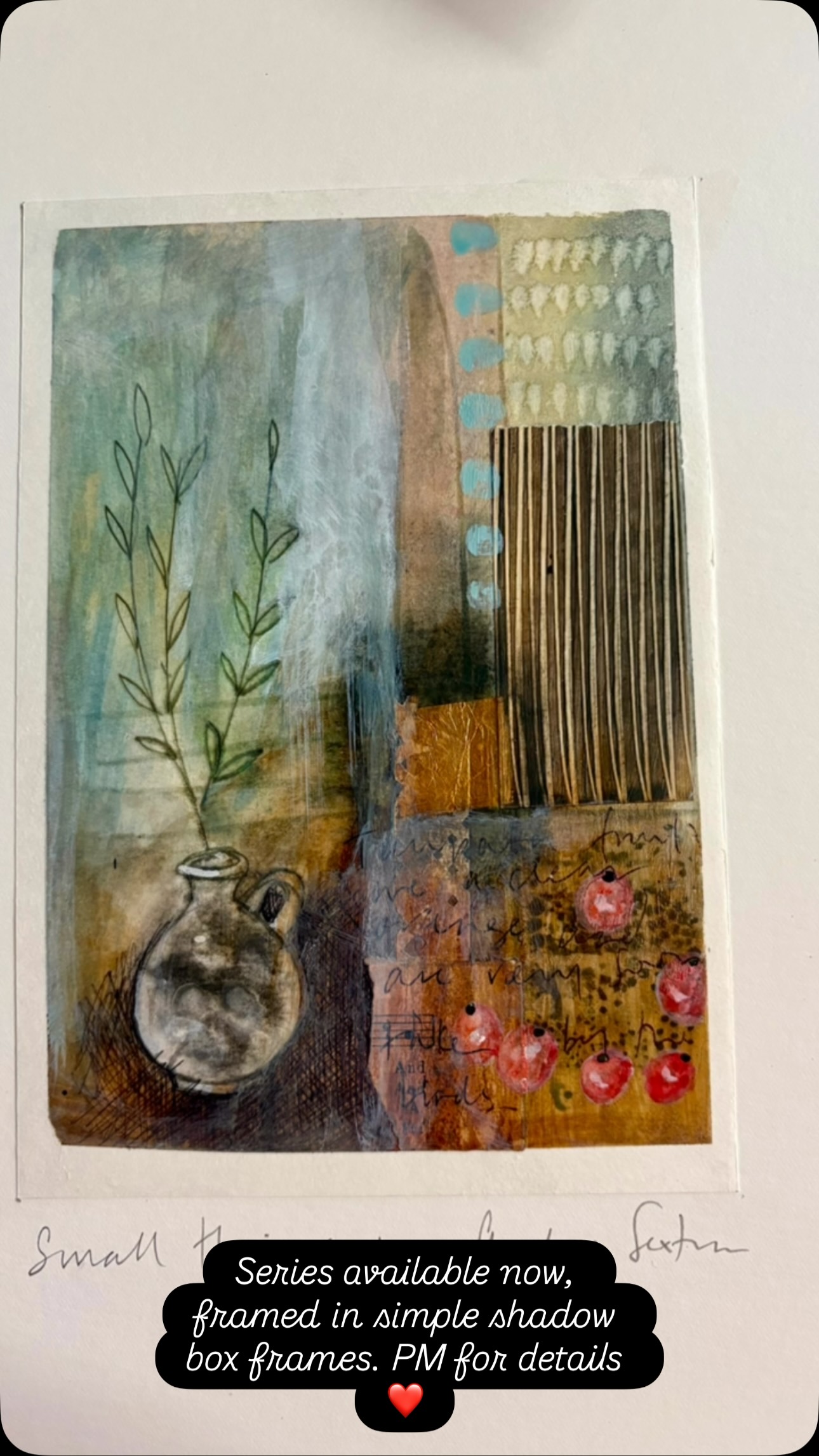 I was feeling I haven’t accomplished much recently so it felt good to mount these mixed media sweeties, they each feature a NZ native tree, well fractions of. ‘Small things’, are available now, framed or unframed. PM for details. Dimensions are 280mm x 250mm.
#littleredcabooseartgallery #orepuki #mixedmedia #littlegallery #gemstonebeach