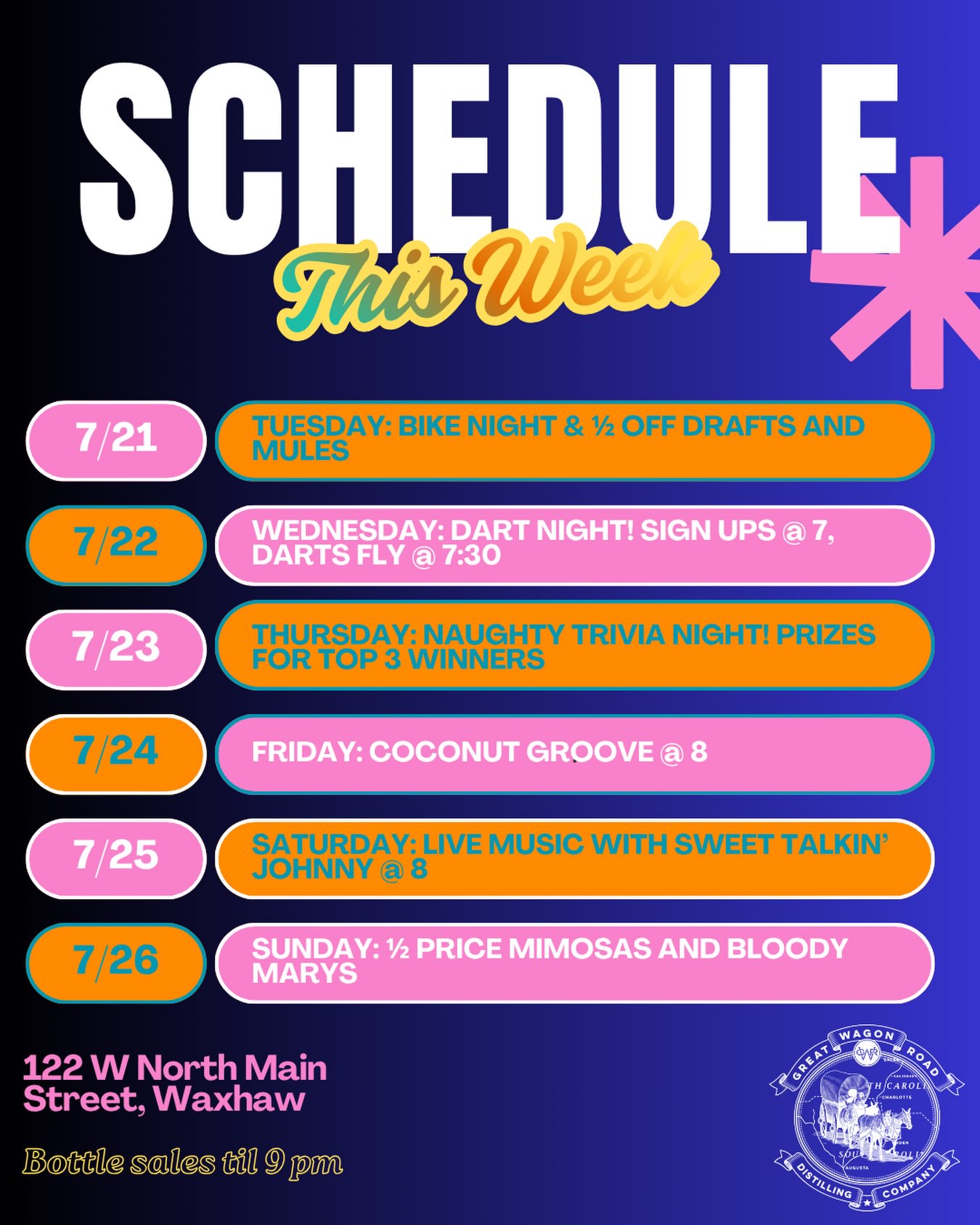Correction to our schedule for this week! Coconut Groove will be at GWR on Friday night at 8 pm!