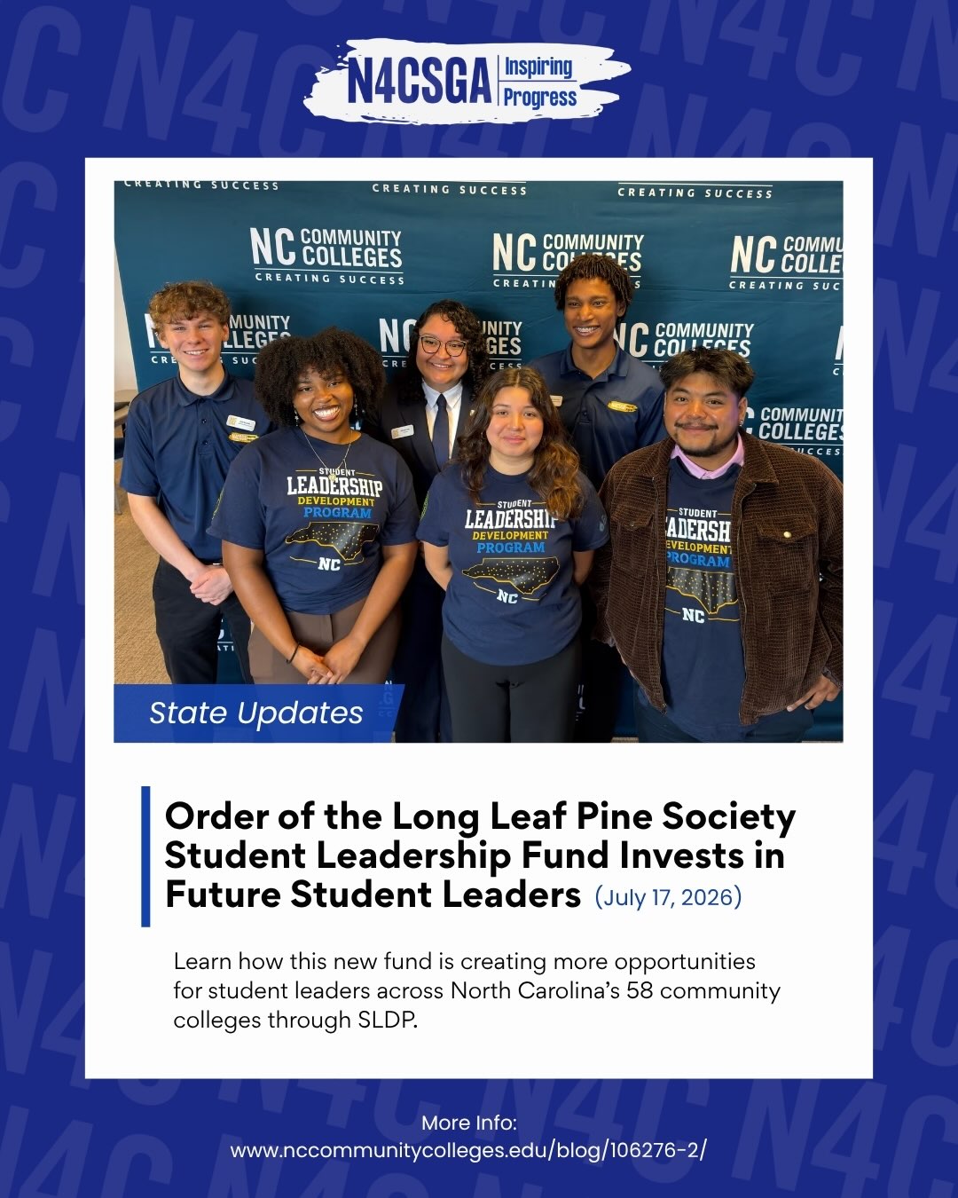 The North Carolina Community College System recently announced an exciting investment in the future of student leadership through the Order of the Long Leaf Pine Society Student Leadership Development Fund.
Swipe through to learn more about what this initiative means for student leaders across our state’s 58 community colleges, then read the full announcement at the link below.
🔗 https://www.nccommunitycolleges.edu/blog/106276-2/
Contributions support the Order of the Long Leaf Pine Society Student Leadership Development Fund and SLDP, not N4CSGA.
#N4CSGA #SLDP #NCCommunityColleges #Leadership #Great58