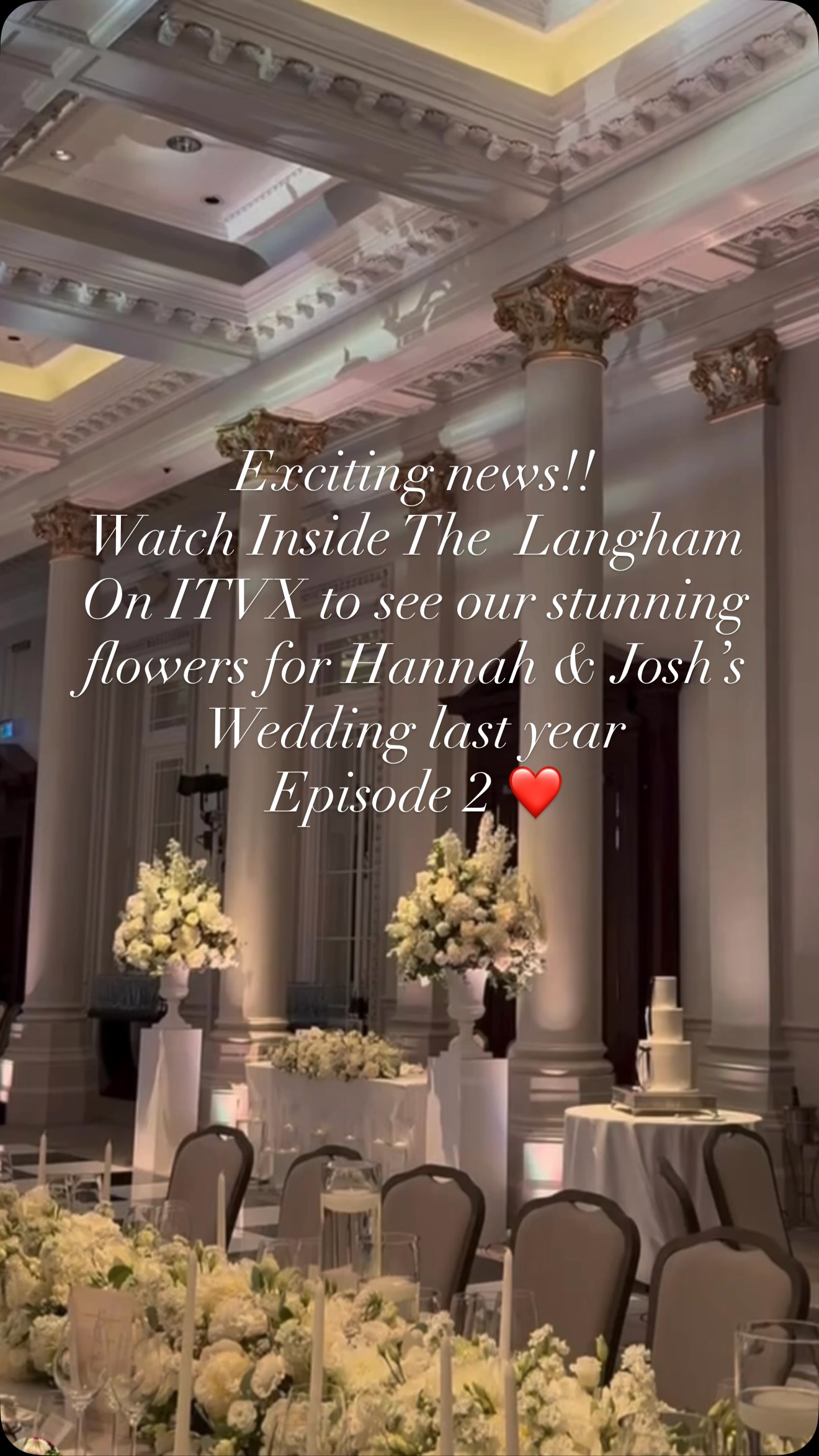 How exciting to be filmed setting up our flowers for Hannah & Josh’s wedding last year. ITVX “Inside The Langham” episode 2 #weddingflowers #essexflorist #londonwedding #thelanghamhotel