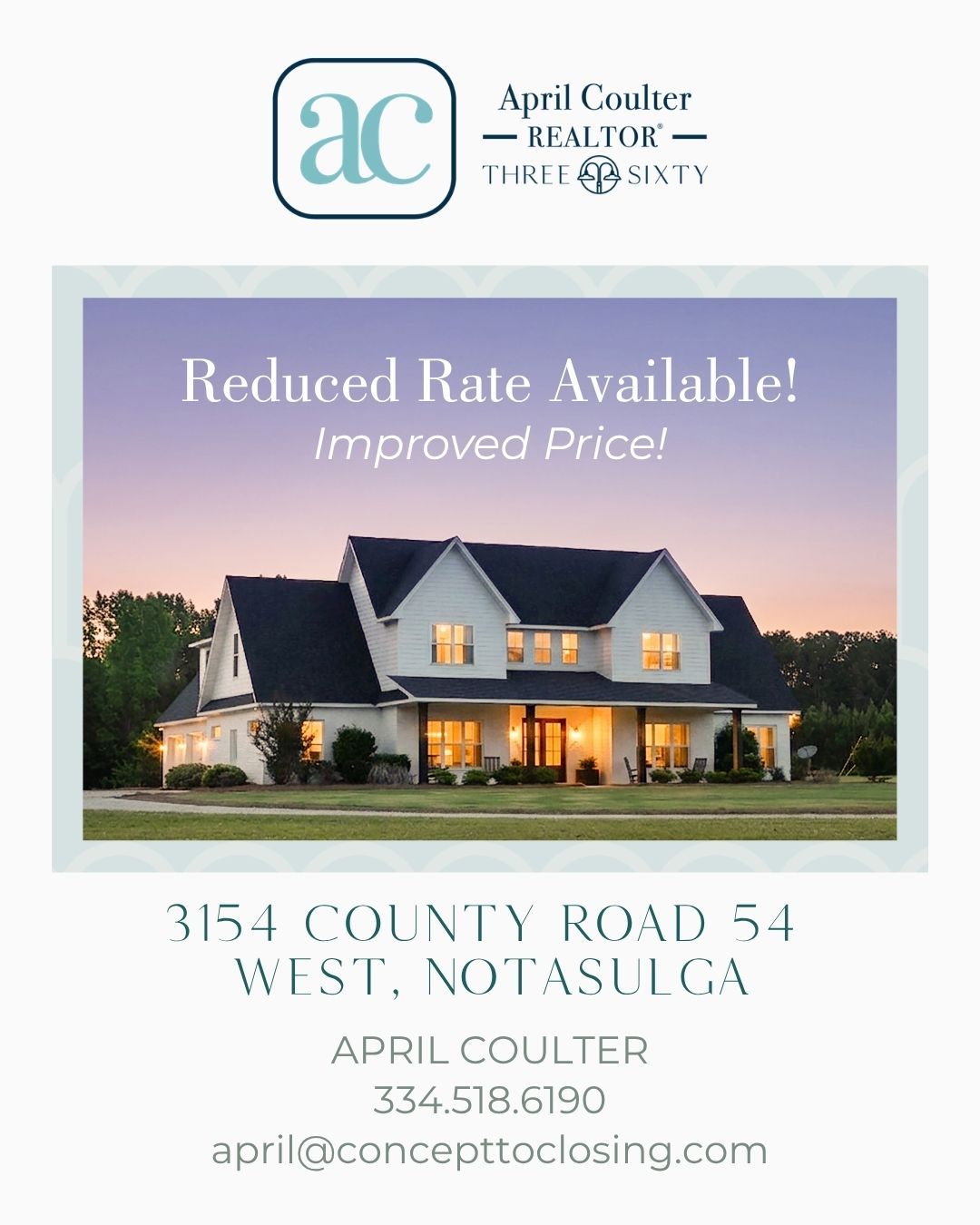 Big news on the Notasulga listing. 🏡
The seller has purchased a rate buydown through CMG Home Loans — meaning a qualified buyer could lock in a rate as low as 5.625% on this property.
That's a savings of roughly $740/month compared to current market rates.
And the price just dropped to $1,100,000.
15.6 private acres. Custom-built. Screened porch. Music room. Three-car garage. 25 minutes to Auburn.
This one keeps getting better. Link in bio to see the full listing page.
Rate as of 7/17/2026. Terms apply. Buyer must qualify. CMG Home Loans, NMLS #1820.
#auburnopelikarealestate #threesixtyrealestateeal #leecountyrealtors #notasulgaal