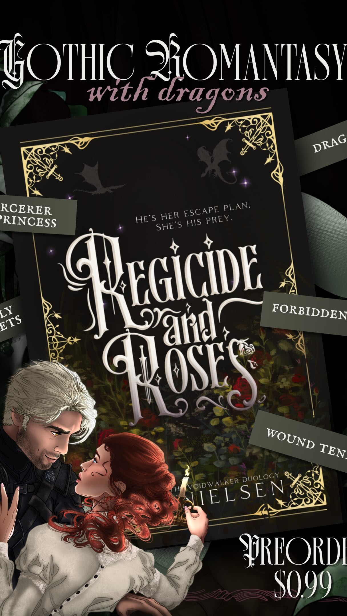 He’s falling hard and is in so much denial 🤭
📖Regicide and Roses by S. E. Nielsen
𝐇𝐞’𝐬 𝐡𝐞𝐫 𝐞𝐬𝐜𝐚𝐩𝐞 𝐩𝐥𝐚𝐧.
𝐒𝐡𝐞’𝐬 𝐡𝐢𝐬 𝐩𝐫𝐞𝐲.
Wraith, an infamous dark sorcerer on a mission to eliminate the royal bloodline, goes undercover as a dragon rider in the king’s army.
Meanwhile, Lavinia, the stubborn and witty princess on Wraith’s hit list, is looking for any way out of the kingdom and her royal duty to marry.
*And she knows just the cold and ruthless dragon rider to use in her escape…*
Wraith reluctantly forms a temporary alliance with her, but when teasing and insults turn to banter and seduction, he questions whether he’ll be able to finish her in the end.
And if desire overcomes duty, he may lose his most prized possession of all—his status as one of the realm’s most fearsome and powerful sorcerers.
🥀forbidden love
🥀slow burn
🥀dark sorcerer x feisty princess
🥀wound tending
🥀dragons + gothic setting
🥀animal companion