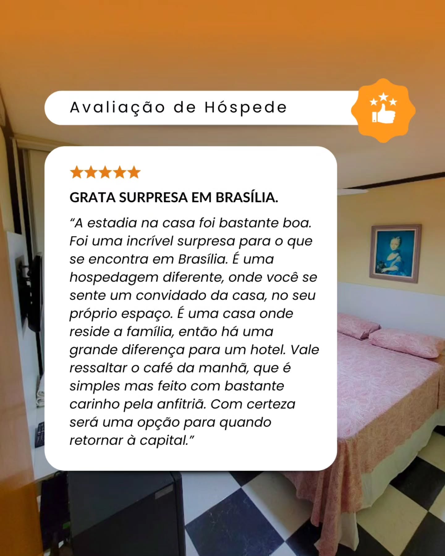 Nada nos deixa mais felizes do que saber que nossos hóspedes tiveram uma boa experiência.
Cada avaliação representa a confiança de quem escolheu a KazaZen para sua estadia em Brasília e reforça nosso compromisso em oferecer um ambiente acolhedor, organizado e preparado para quem viaja a trabalho, estudos ou compromissos profissionais.
Agradecemos por cada comentário e pela confiança em nosso trabalho. 💛
📍 Já se hospedou conosco? Sua avaliação também faz a diferença!