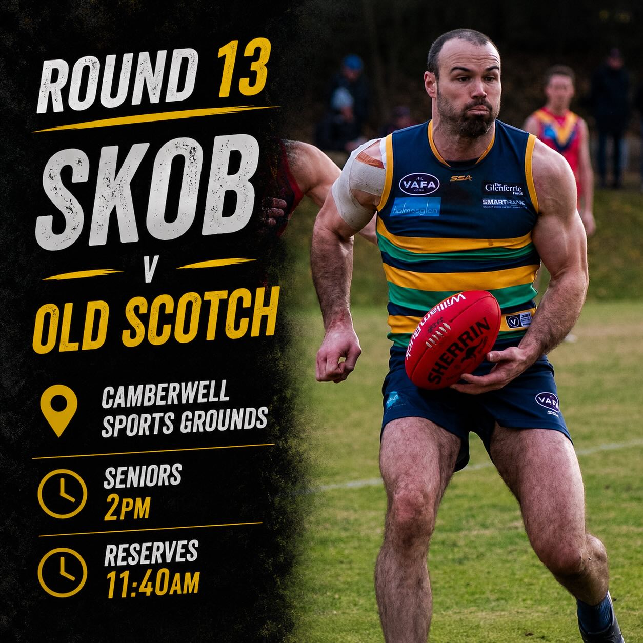 Another important 4 points up for grabs for our Senior menโs side this week as we take on Old Scotch at Camberwell Sports Grounds in the @vafahq Round 13 match of the day!
Get down and support!
Further team fixtures to followโฆ
Proudly sponsored by @glenferrie_hotel
#goSKOB๐๐๐