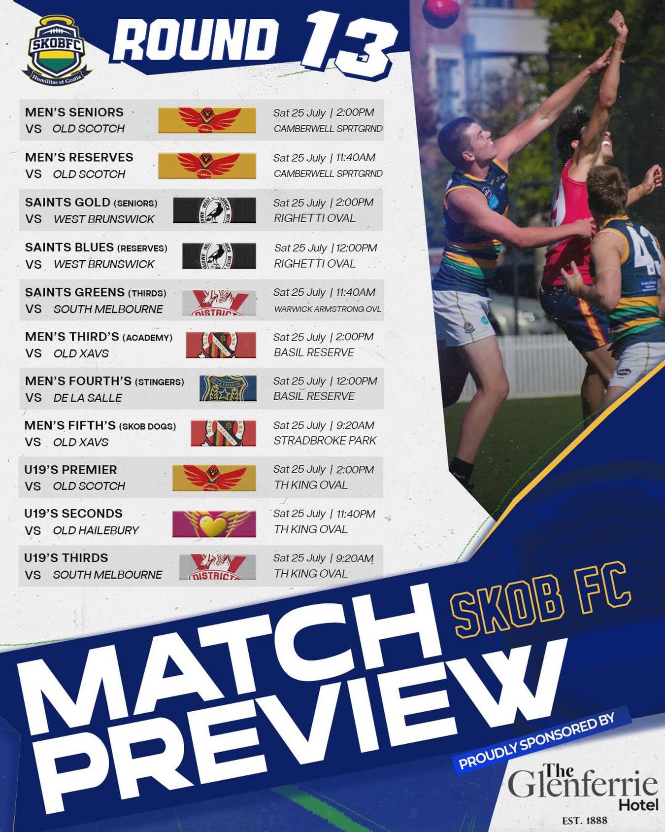 Round 13 fixture! Get down and support!
Proudly sponsored by @glenferrie_hotel
#goSKOB๐๐๐