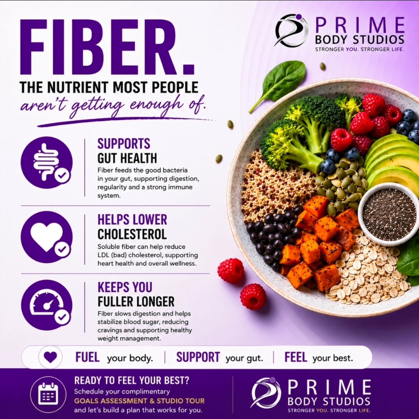 Fiber isn't just about staying regular—it's one of the most important nutrients for your overall health. 🌿
Getting enough fiber can help support:
✔️ A healthy gut microbiome
✔️ Heart health
✔️ Healthy cholesterol levels
✔️ Stable blood sugar
✔️ Longer-lasting fullness
✔️ Sustainable weight management
The good news? Small, consistent changes—like adding more fruits, vegetables, beans, whole grains, and seeds to your meals—can make a big difference.
At Prime Body Studios, we believe nutrition shouldn't be restrictive or confusing. We help you learn how to fuel your body with real food in a way that's sustainable for your lifestyle and goals.
💜 Ready to build healthier habits that last? Contact Prime Body Studios to learn more about our boutique strength training studio and nutrition programs, all personalized to your goals.
#resistancetrainingforwomen #osteoporosis #muscle #nutrition #fiber