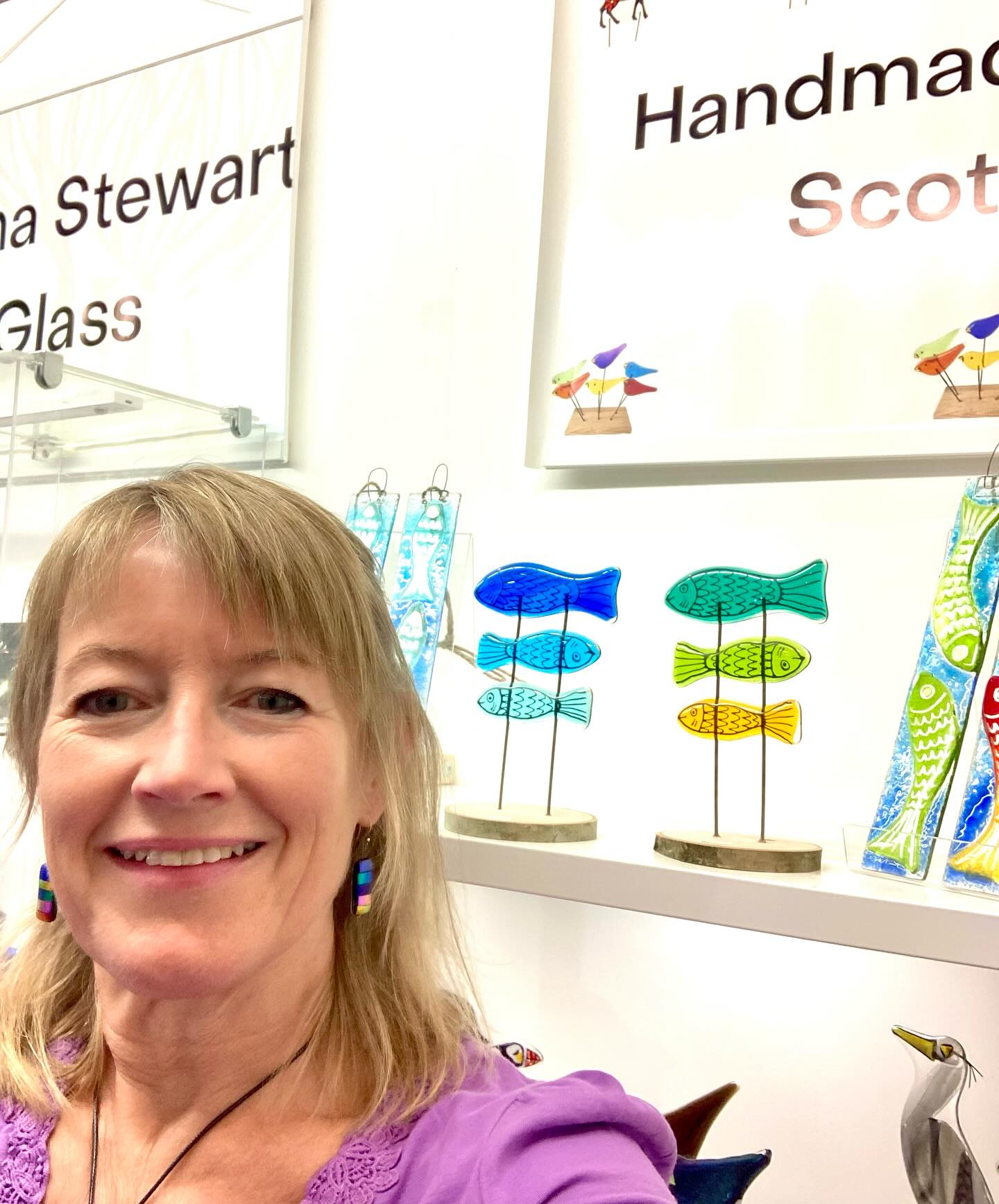 I’m trying to look fresh faced and bushy tailed this morning on my stand DP3-A07 @homeandgiftharrogate If you’re visiting the show, do come see some colourful glass birds, fish and sparkling glass jewellery! #homeandgift #homeandgiftharrogate #leonastewartglass #fusedglass #giftware #madeinuk #madeinscotland