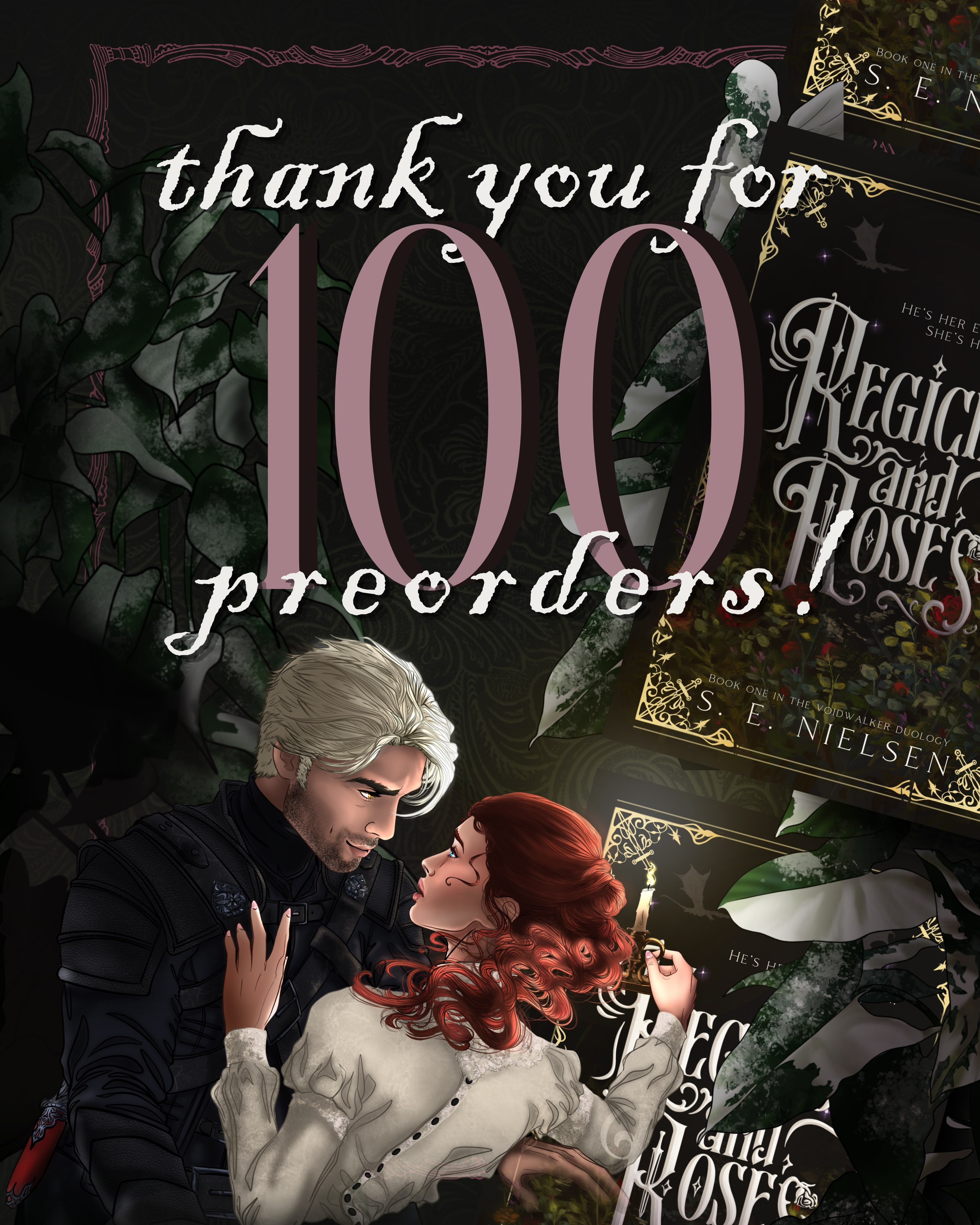100 preorders!!! Thank you so much to everyone who has preordered 🥹😍 you’re making such a huge impact in my life.
Oh! And we passed the next incentive tier. I’m getting everything together to release the newest art piece in the morning, AND since you all really showed up and we made it to 100 before the end of today, I’ll be releasing TWO art pieces, as promised 💋
Art by @sarah_and_dipitous
_____
👇If you’re new here
📖Regicide and Roses by S. E. Nielsen
𝐇𝐞’𝐬 𝐡𝐞𝐫 𝐞𝐬𝐜𝐚𝐩𝐞 𝐩𝐥𝐚𝐧.
𝐒𝐡𝐞’𝐬 𝐡𝐢𝐬 𝐩𝐫𝐞𝐲.
Wraith, an infamous dark sorcerer on a mission to eliminate the royal bloodline, goes undercover as a dragon rider in the king’s army.
Meanwhile, Lavinia, the stubborn and witty princess on Wraith’s hit list, is looking for any way out of the kingdom and her royal duty to marry.
*And she knows just the cold and ruthless dragon rider to use in her escape…*
Wraith reluctantly forms a temporary alliance with her, but when teasing and insults turn to banter and seduction, he questions whether he’ll be able to finish her in the end.
And if desire overcomes duty, he may lose his most prized possession of all—his status as one of the realm’s most fearsome and powerful sorcerers.
🥀forbidden love
🥀slow burn
🥀dark sorcerer x feisty princess
🥀wound tending
🥀dragons + gothic setting
🥀animal companion