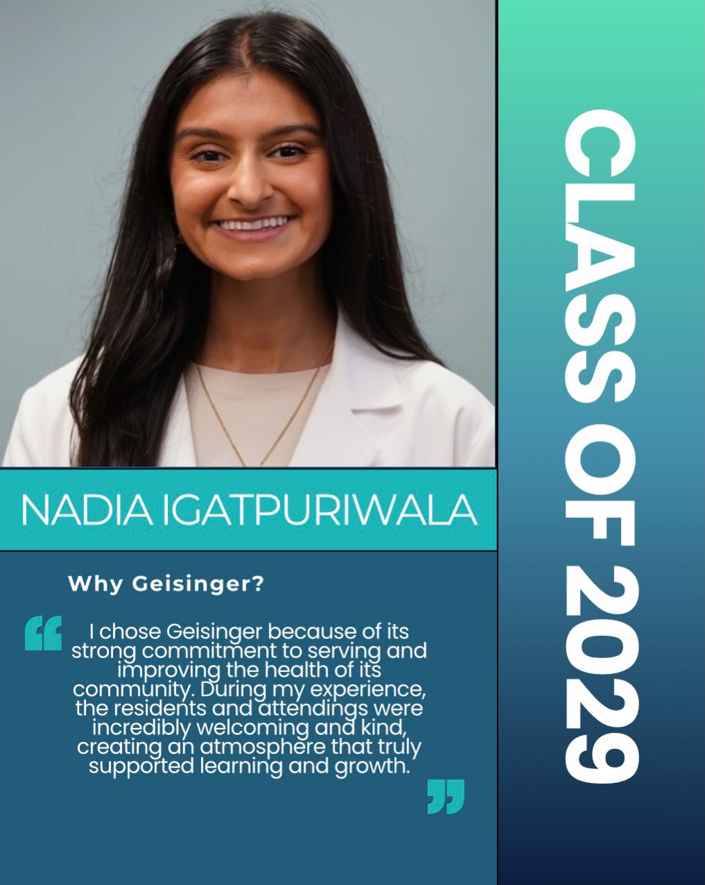 Say 👋 to our class of 2029. Next up, Dr. Nadia Igatpuriwala!