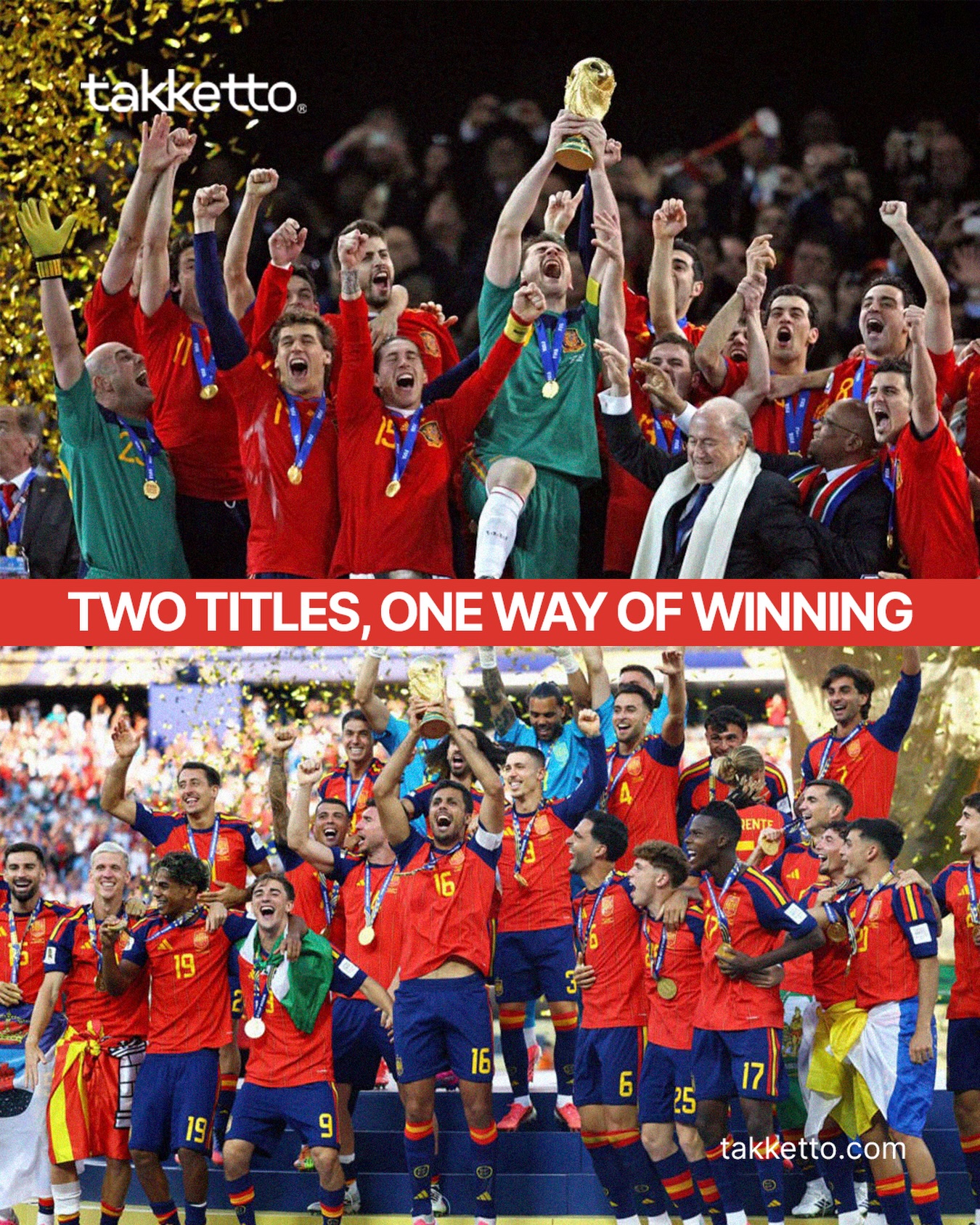 Sixteen years, two titles, one long wait.
Spain has reached two World Cup finals and bossed them both — yet the goal never came in ninety minutes.
In 2010, La Roja controlled possession and territory against the Netherlands, weathering a brutal, foul-ridden night until Iniesta struck in the 116th minute.
Last night was more emphatic still: Argentina barely threatened Simón’s goal, and Spain pressed and pressed until Ferran Torres finally broke through in extra time.
Two finals commanded from the first whistle. Two goals that made the better side wait. Champions again, the hard way.
#spain🇪🇸 #takketto_ #ferrantorres #secondstar #football