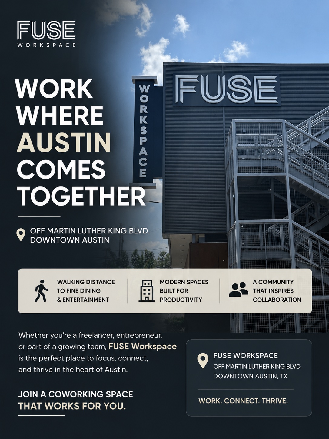 Work where Austin comes together. ✨ Looking for a coworking space in the heart of Downtown Austin? FUSE Workspace on Martin Luther King Jr. Blvd. puts you just steps away from incredible restaurants, coffee shops, entertainment, and everything downtown has to offer.
📍 Conveniently located off Martin Luther King Jr. Blvd.
🚶 Walking distance to fine dining & entertainment
💼 Flexible coworking, private offices & meeting rooms
🤝 Built for productivity, connection, and collaboration
Come see why FUSE Workspace is the perfect place to work near downtown Austin.
#FUSEWorkspace #DowntownAustin #CoworkingAustin
