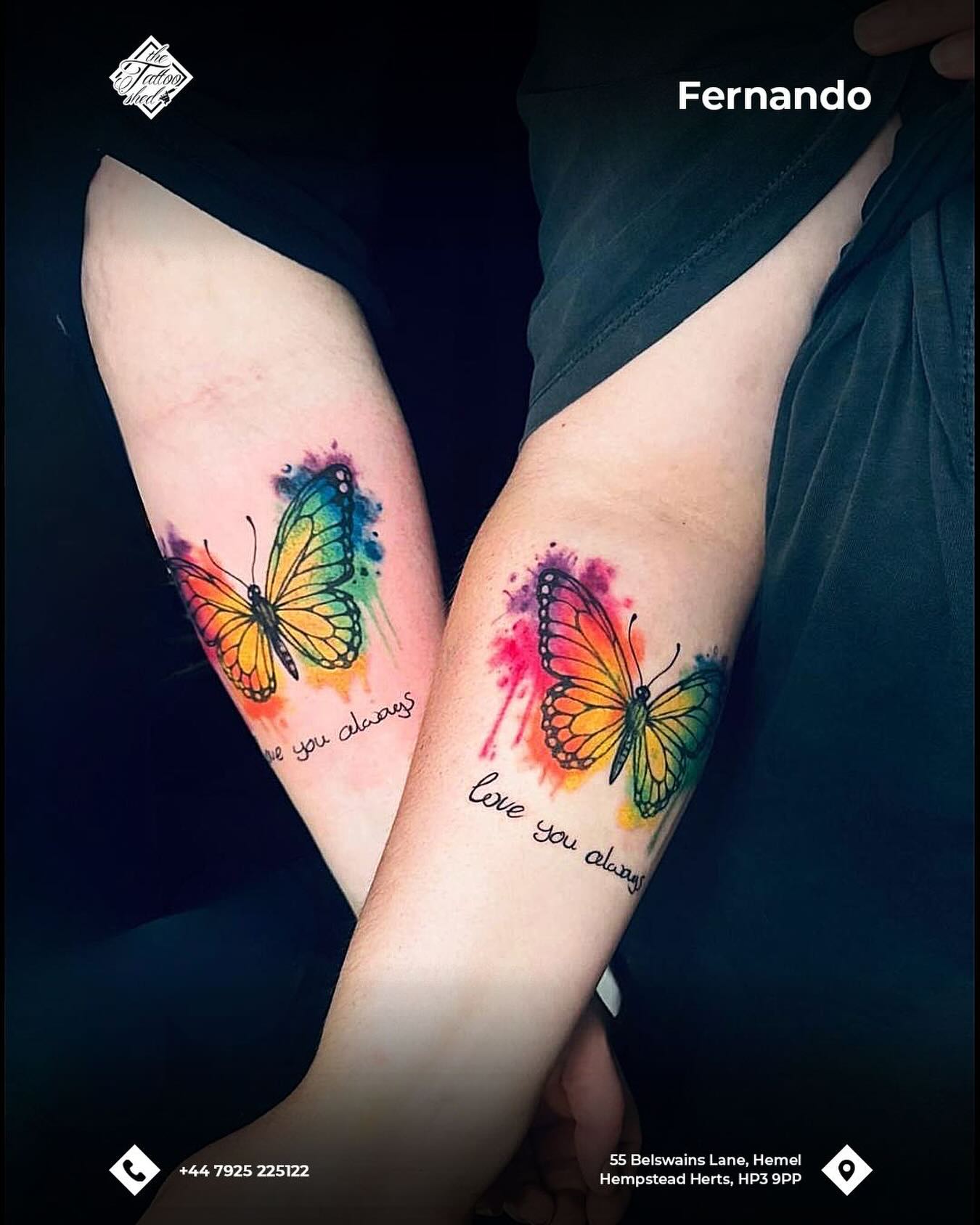 Matching watercolour butterfly tattoos by Fernando @fernando_tattoolondon
Booked in at The Tattoo Shed, 55 Belswains Lane, Hemel Hempstead. Call +44 7925 225122 to book your next piece.
#TheTattooShed #WatercolourTattoo #HemelHempstead #MatchingTattoos #FreshInk