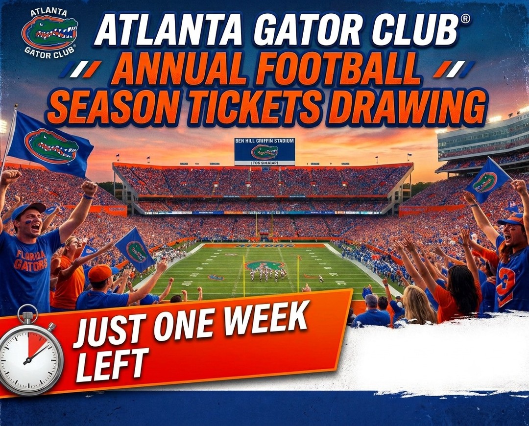 ONLY ONE WEEK LEFT!
Atlanta Gators, itâs time to gear up for football season, and this year, we are completely changing the game.
Weâve revamped our annual ticket drawing to give you more flexibility, more choices, and an unprecedented Grand Prize.
Don't miss your chance to secure the best seats in the house for the 2026 season.
The entry deadline is July 30. All winners will be drawn and notified on July 31. Good luck, and GO GATORS!
Remember that ALL profits support the Atlanta Gator Club Scholarship Fund, helping local students head to the University of Florida.
https://buff.ly/snMY6Qq