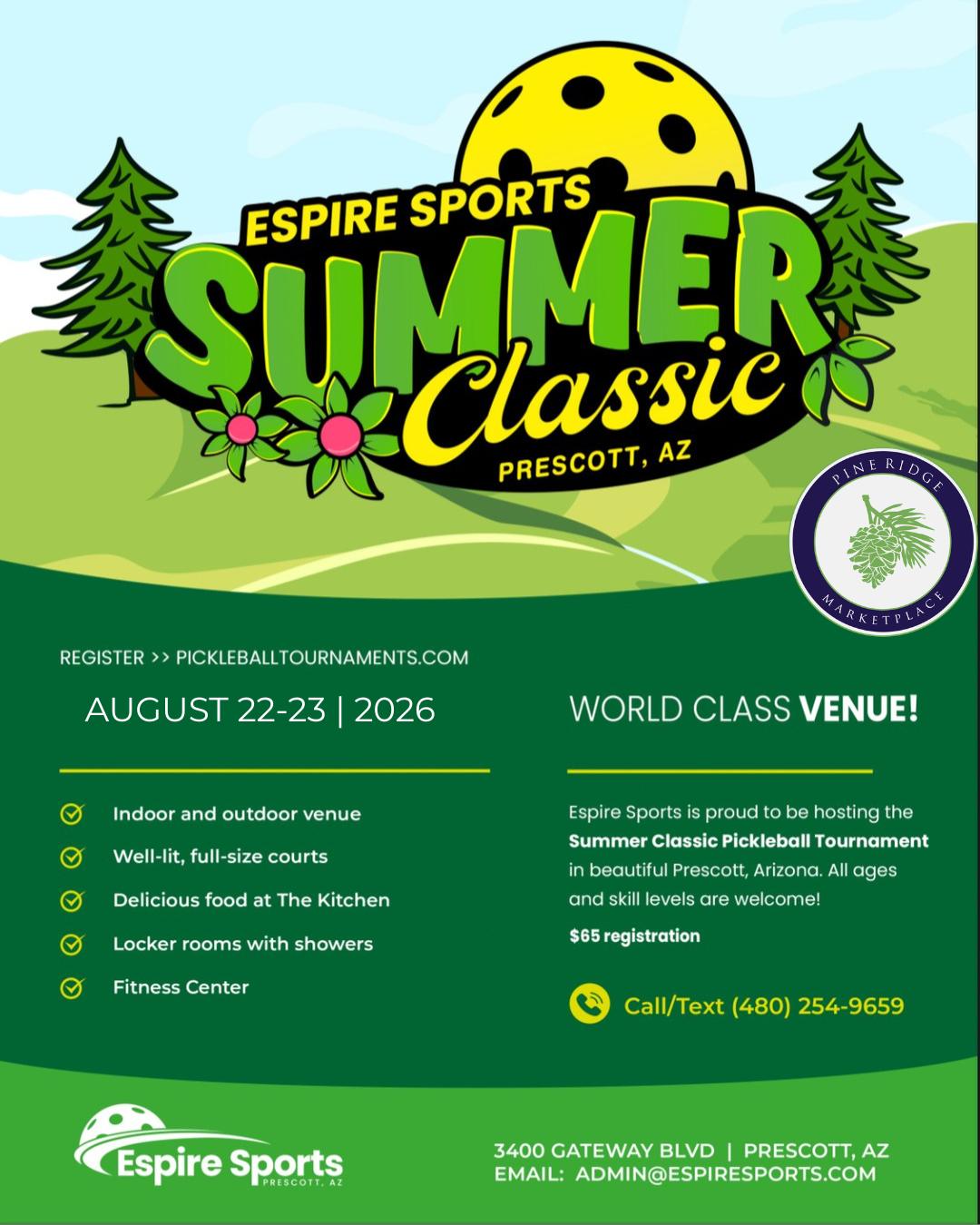 Espire Sports is proud to be hosting the Summer Classic. Signup at the link below! They have a world class venue for all ages and all skill levels. The Kitchen will be open all weekend for delicious food and drinks for purchase.
https://pickleballtournaments.com/tournaments/espire-sports-summer-classic-1