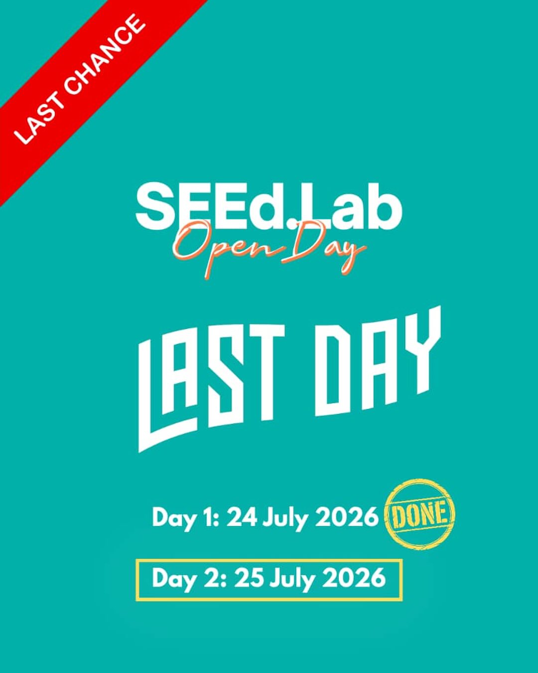 Today is the last day of SEEd.Lab Open Day! Do come by and get to know all of our 8 ventures for Cohort 4!
๐
24โ25 July 2026
โฐ 10.00 AM โ 5.00 PM
๐ Galaxy Hall, Petrosains, Suria KLCC
๐งญ How to Get There:
โ
Enter Suria KLCC and make your way to Petrosains
โ
Follow the directional signage to Galaxy Hall
โ
Look out for our SEEd.Lab volunteers who will be ready to assist you
Whether you're an aspiring entrepreneur, changemaker, student, or simply curious about social innovation, we look forward to welcoming you!
๐
See you at SEEd.Lab Open Day!